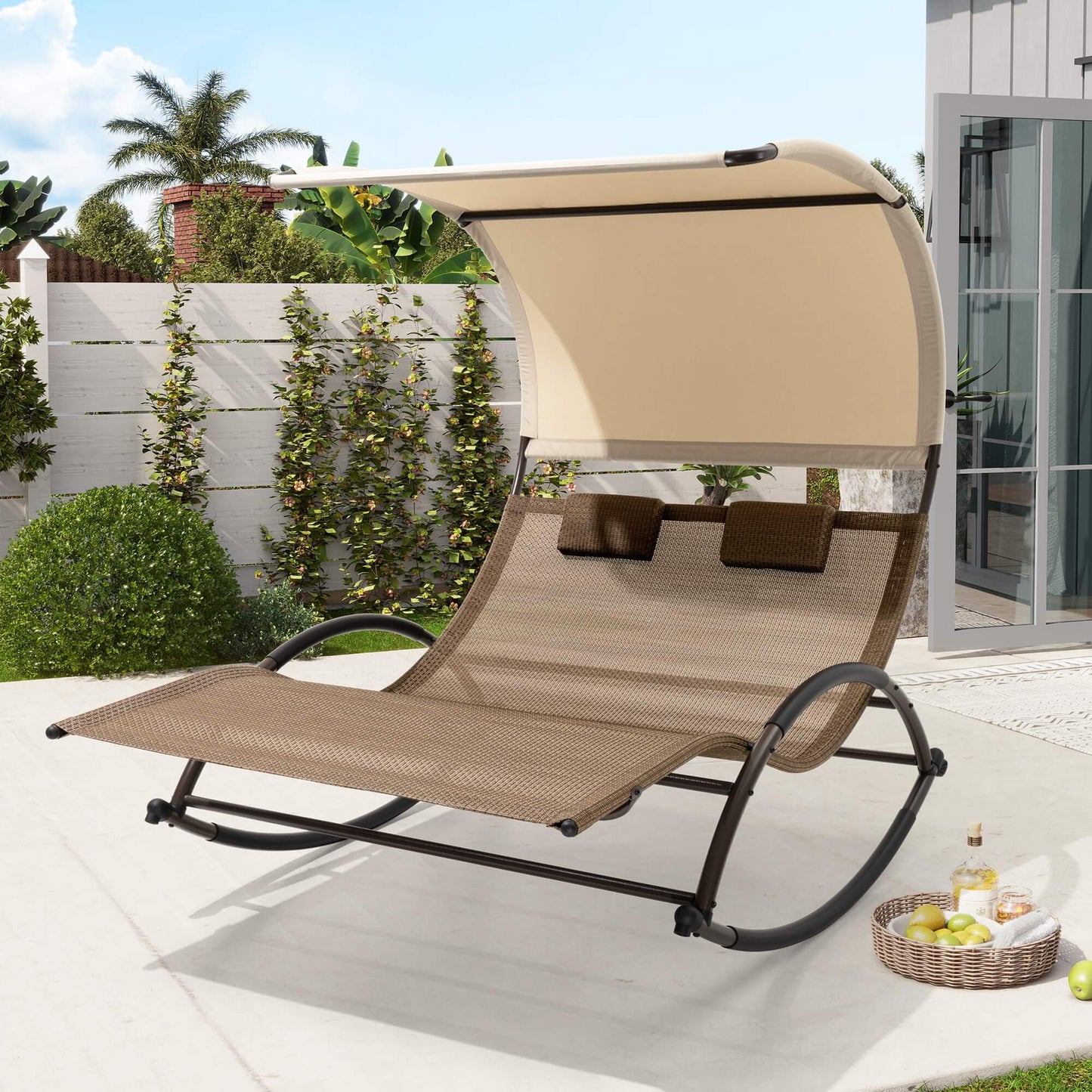 Aluminum Double Chaise Lounge with Canopy & Wheels