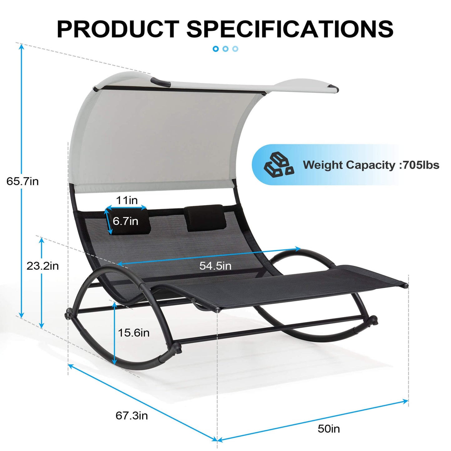 Aluminum Double Chaise Lounge with Canopy & Wheels