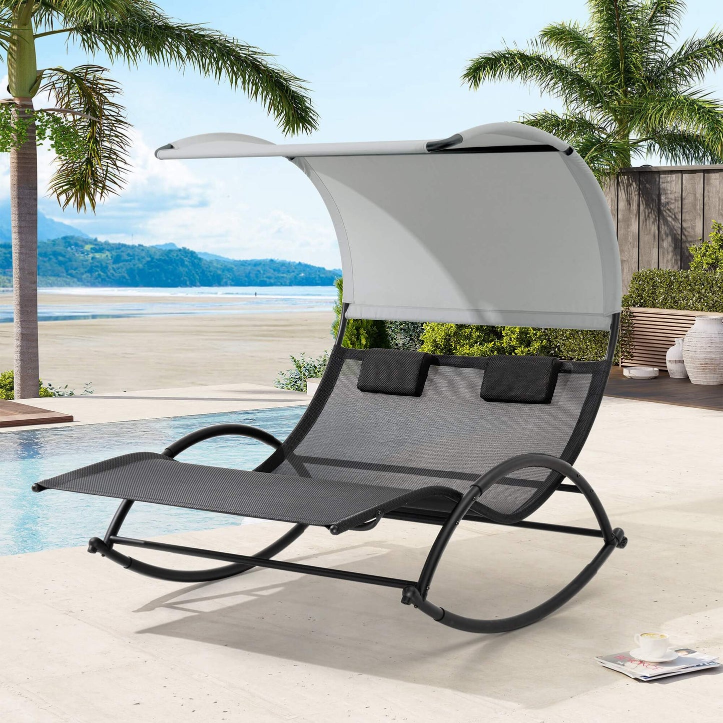 Aluminum Double Chaise Lounge with Canopy & Wheels