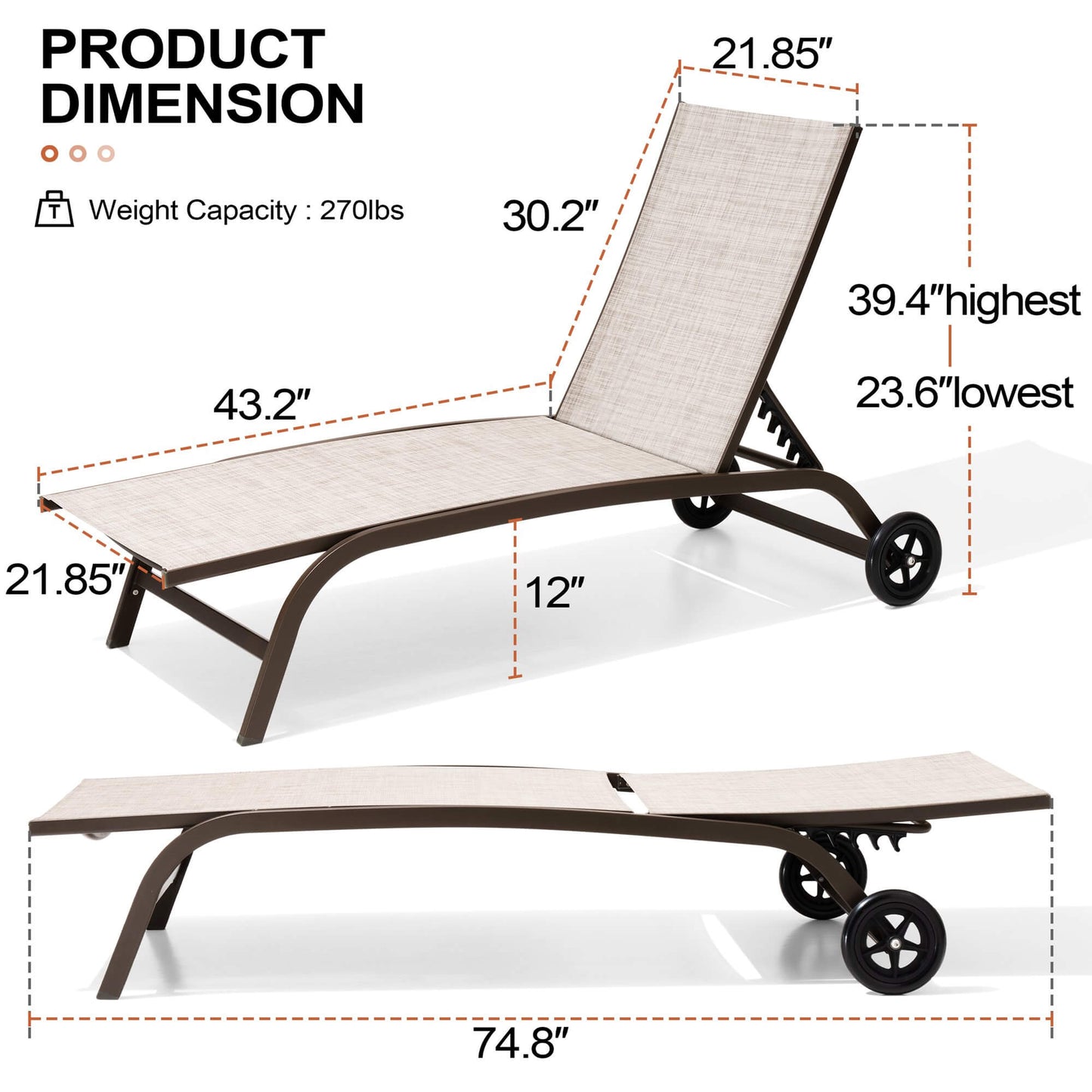 Wheeled Outdoor Folding Chaise Lounge