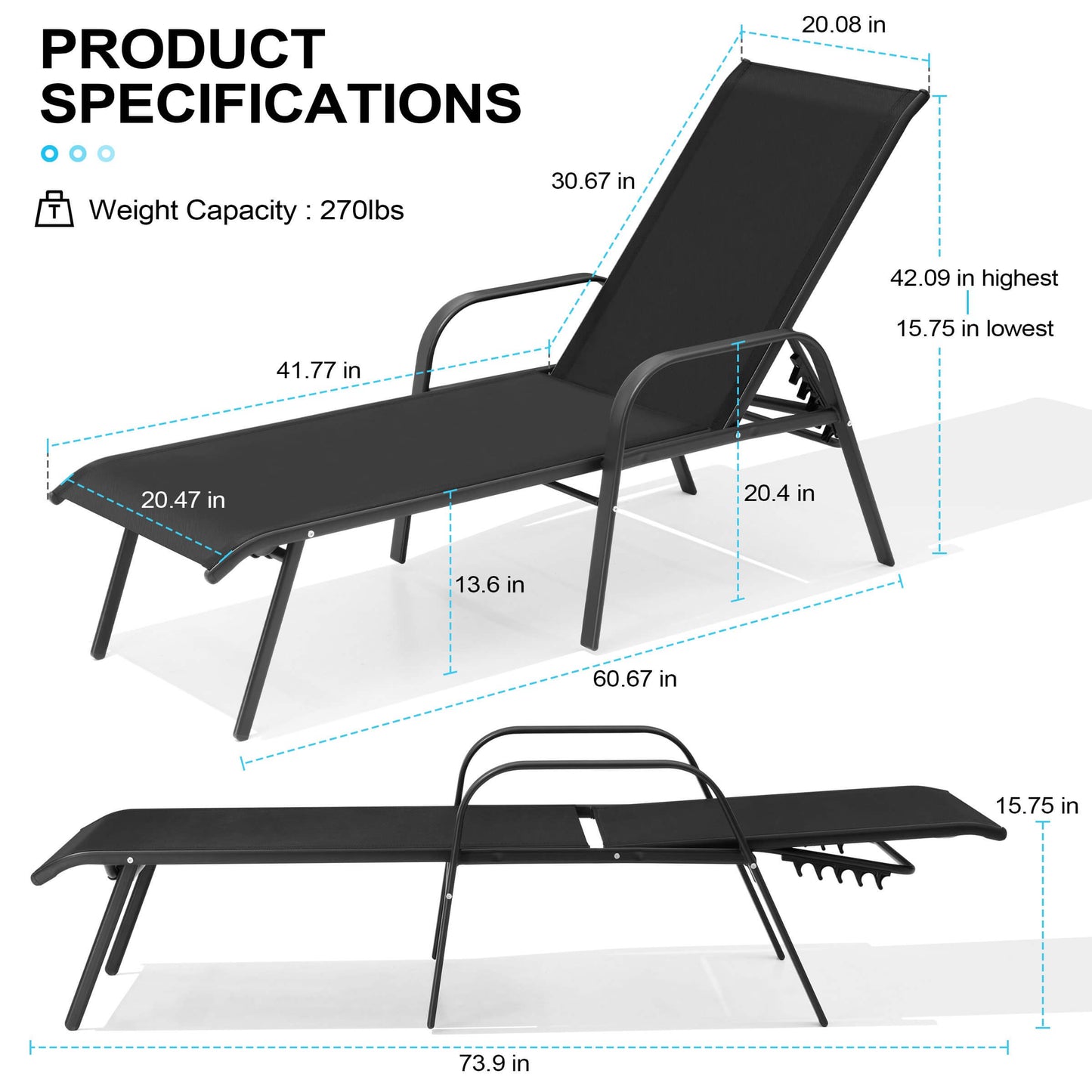 Textilene Adjustable Outdoor Chaise Lounge Set of 2