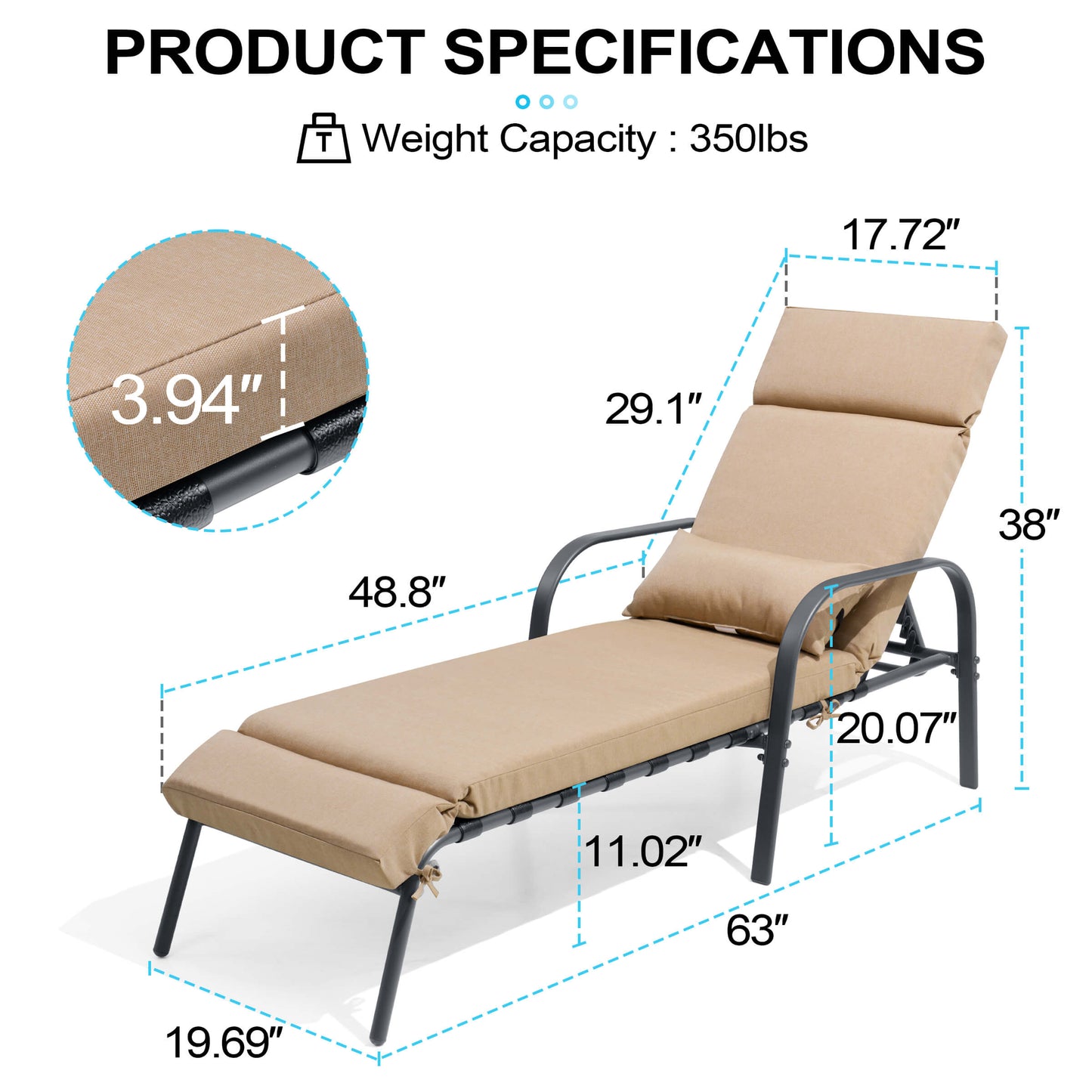 Adjustable Outdoor Chaise Lounge with Cushion & Pillow