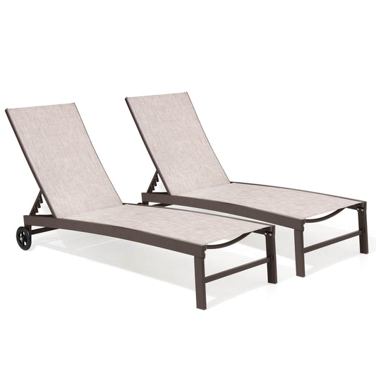 Aluminum/Steel Adjustable Outdoor Chaise Lounge Set of 2 with Wheels