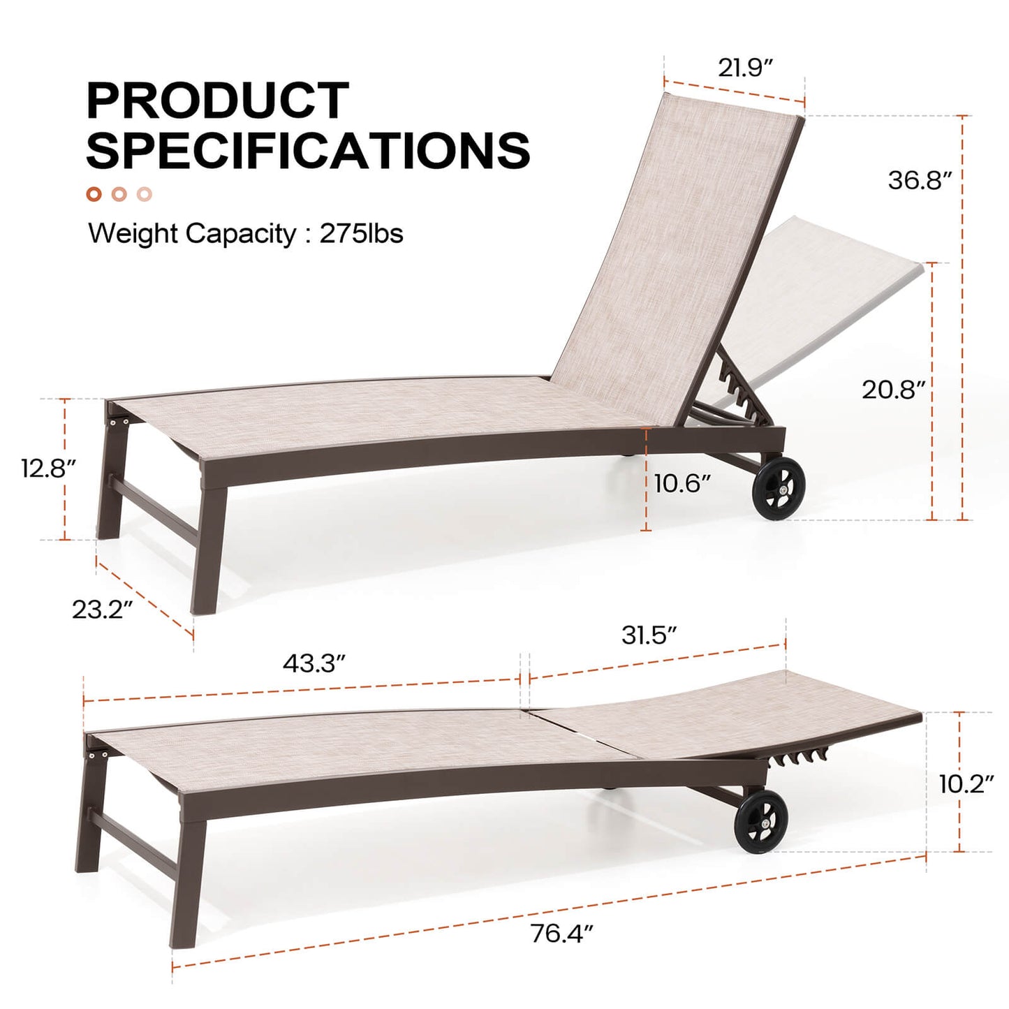 Aluminum/Steel Adjustable Outdoor Chaise Lounge Set of 2 with Wheels