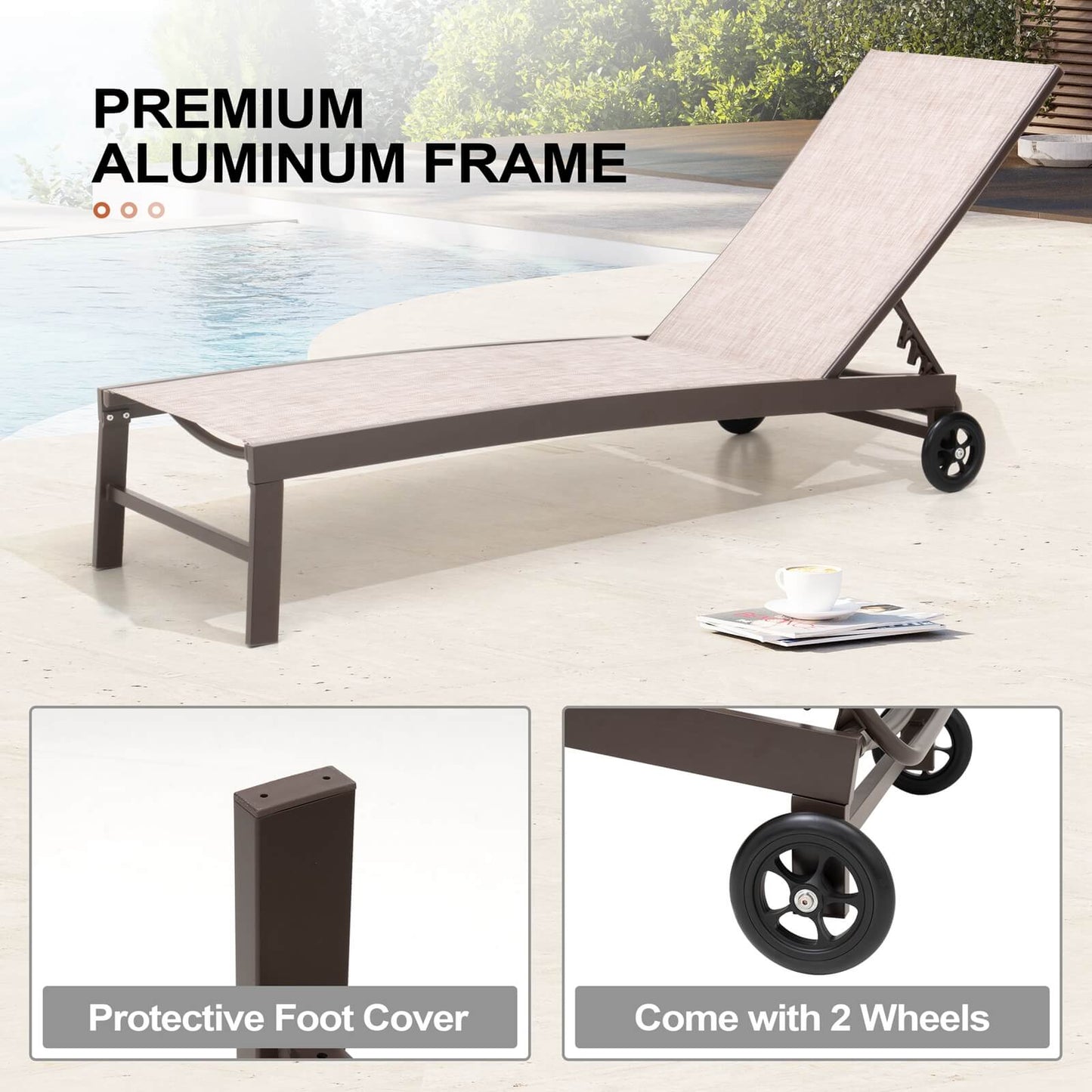 Aluminum/Steel Adjustable Outdoor Chaise Lounge Set of 2 with Wheels