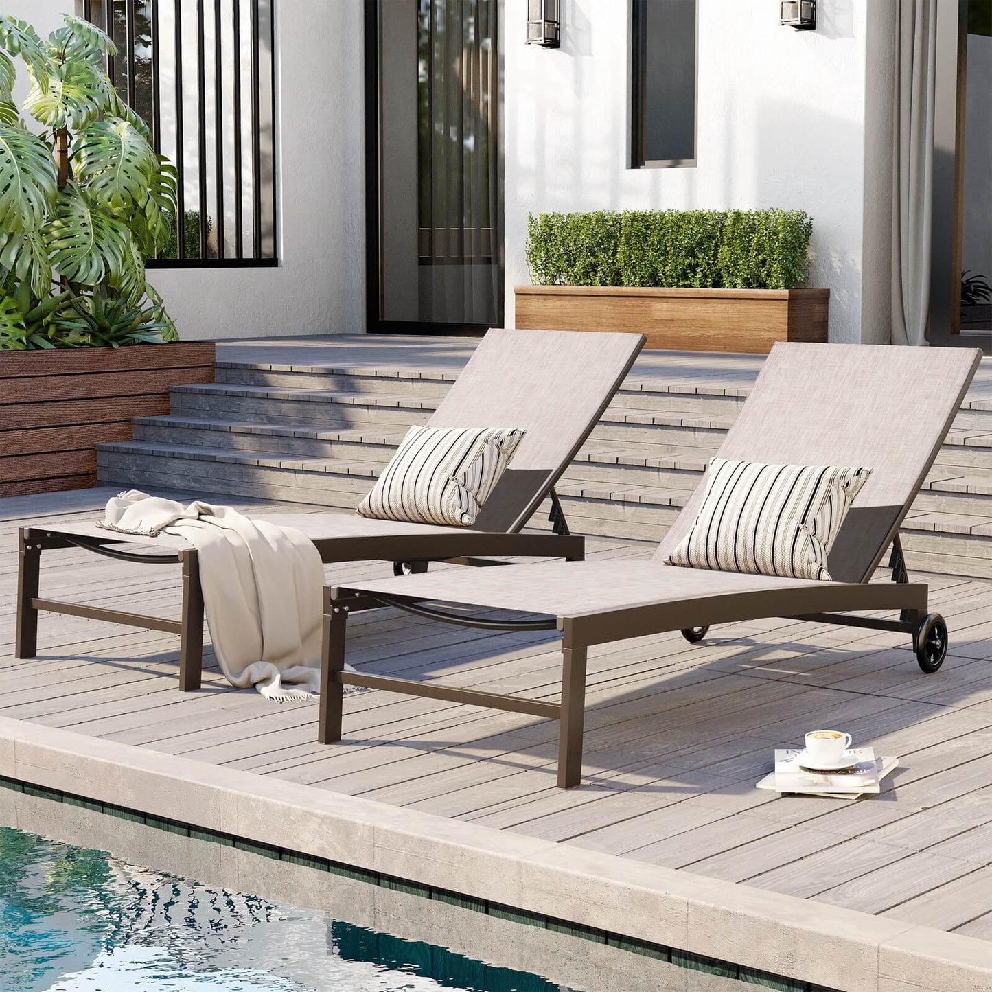 Aluminum/Steel Adjustable Outdoor Chaise Lounge Set of 2 with Wheels