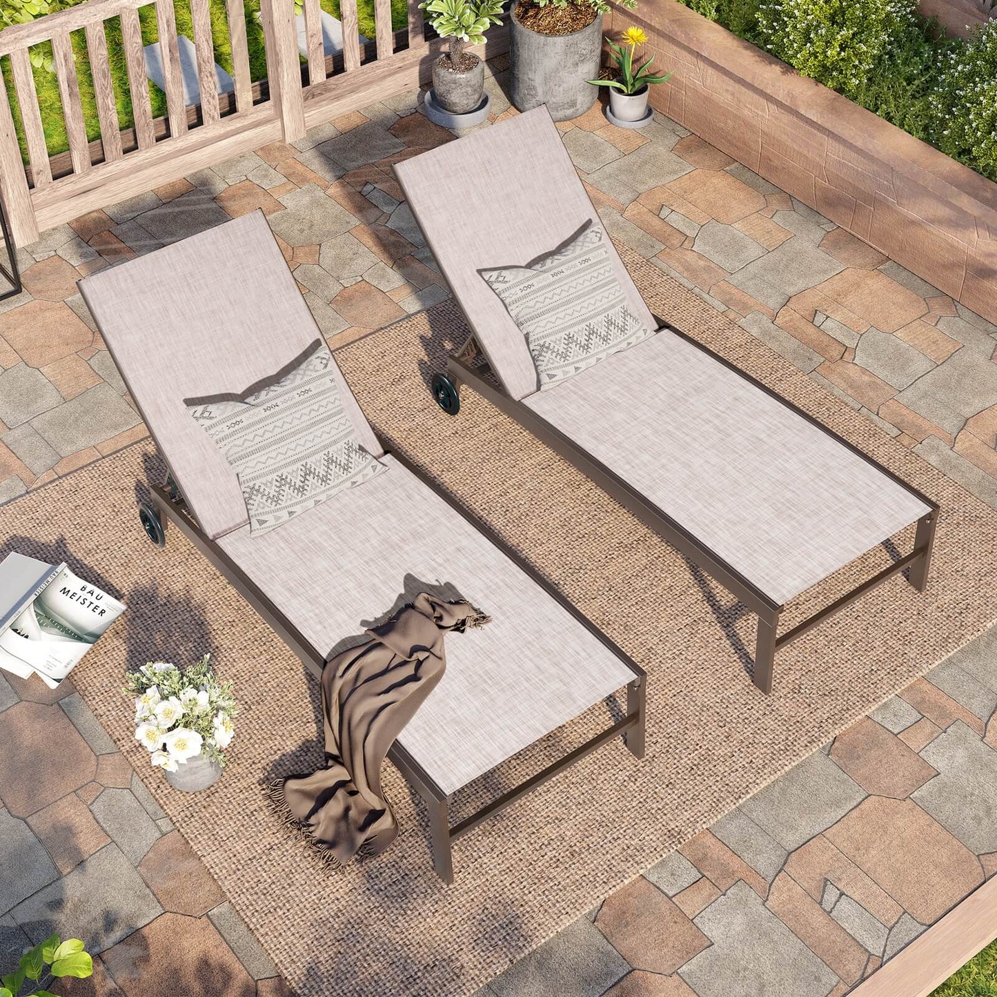Aluminum/Steel Adjustable Outdoor Chaise Lounge Set of 2 with Wheels