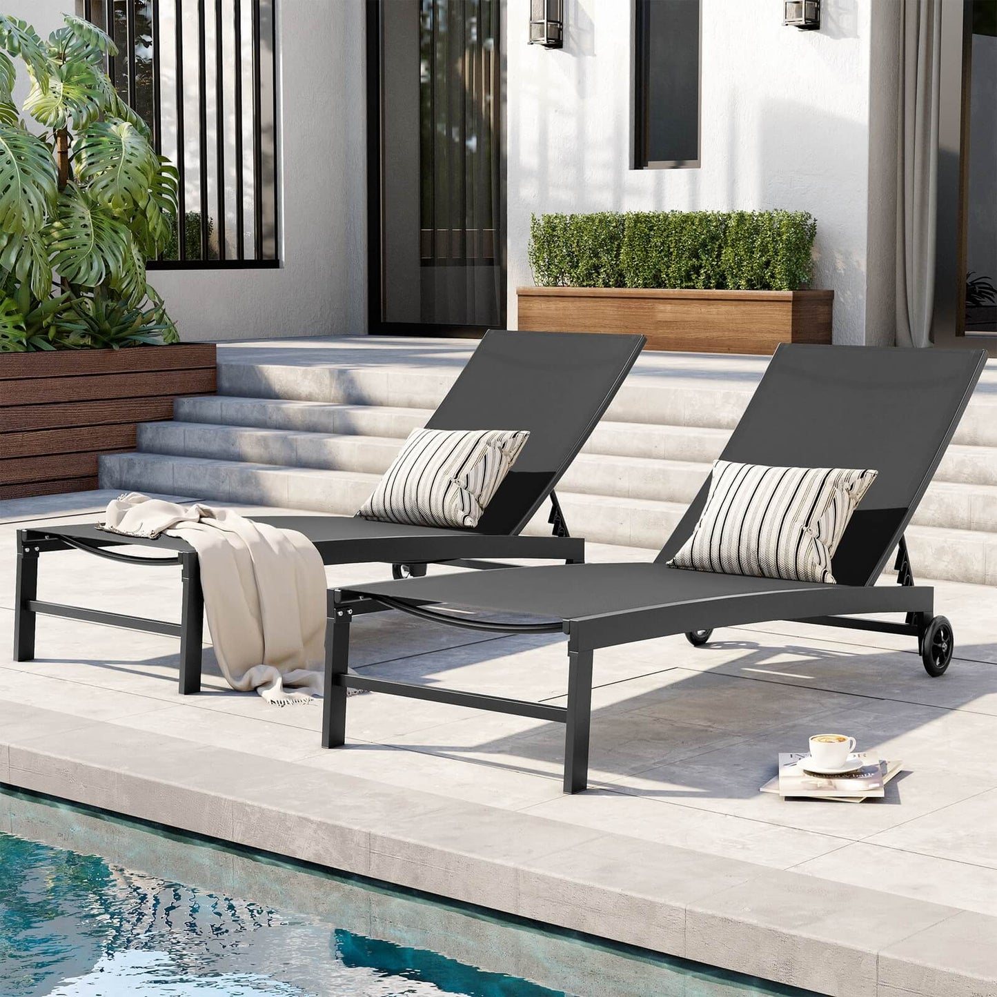 Aluminum/Steel Adjustable Outdoor Chaise Lounge Set of 2 with Wheels