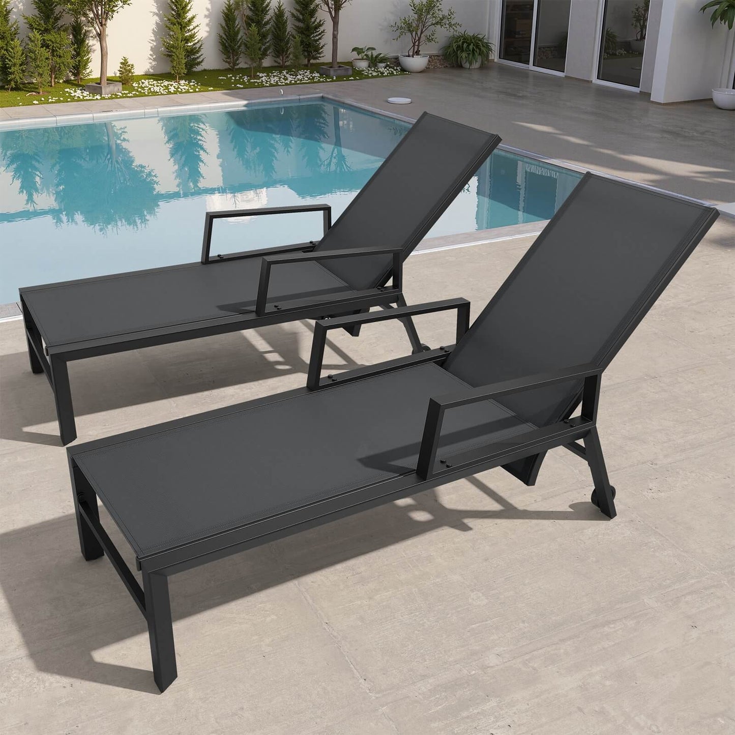 Adjustable Aluminum Outdoor Chaise Lounge Set of 2 with Wheels