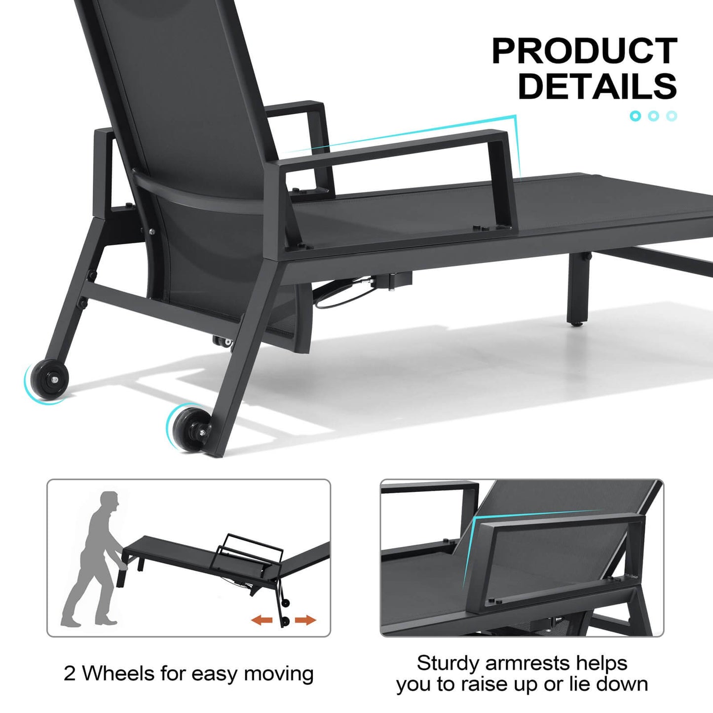 Adjustable Aluminum Outdoor Chaise Lounge Set of 2 with Wheels
