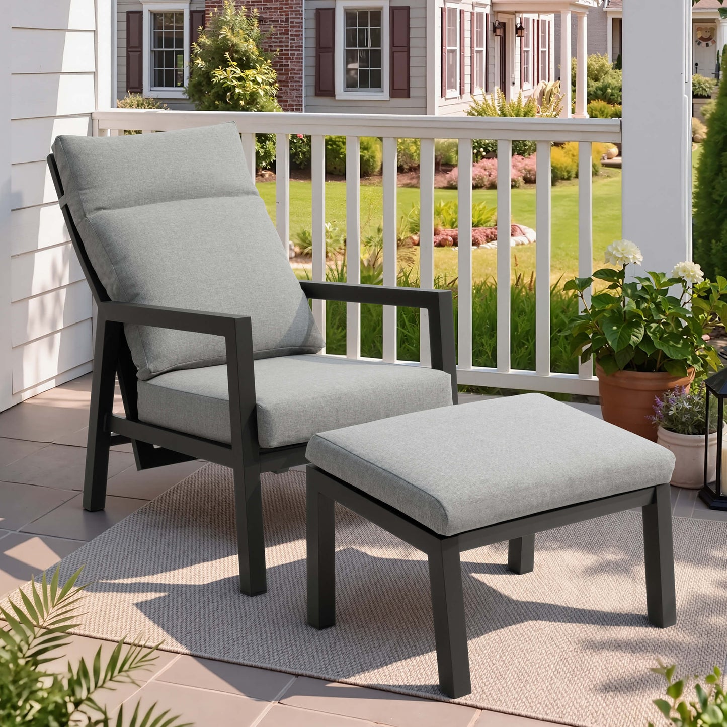 Adjustable Outdoor Reclining Chair with Ottoman & Cushions