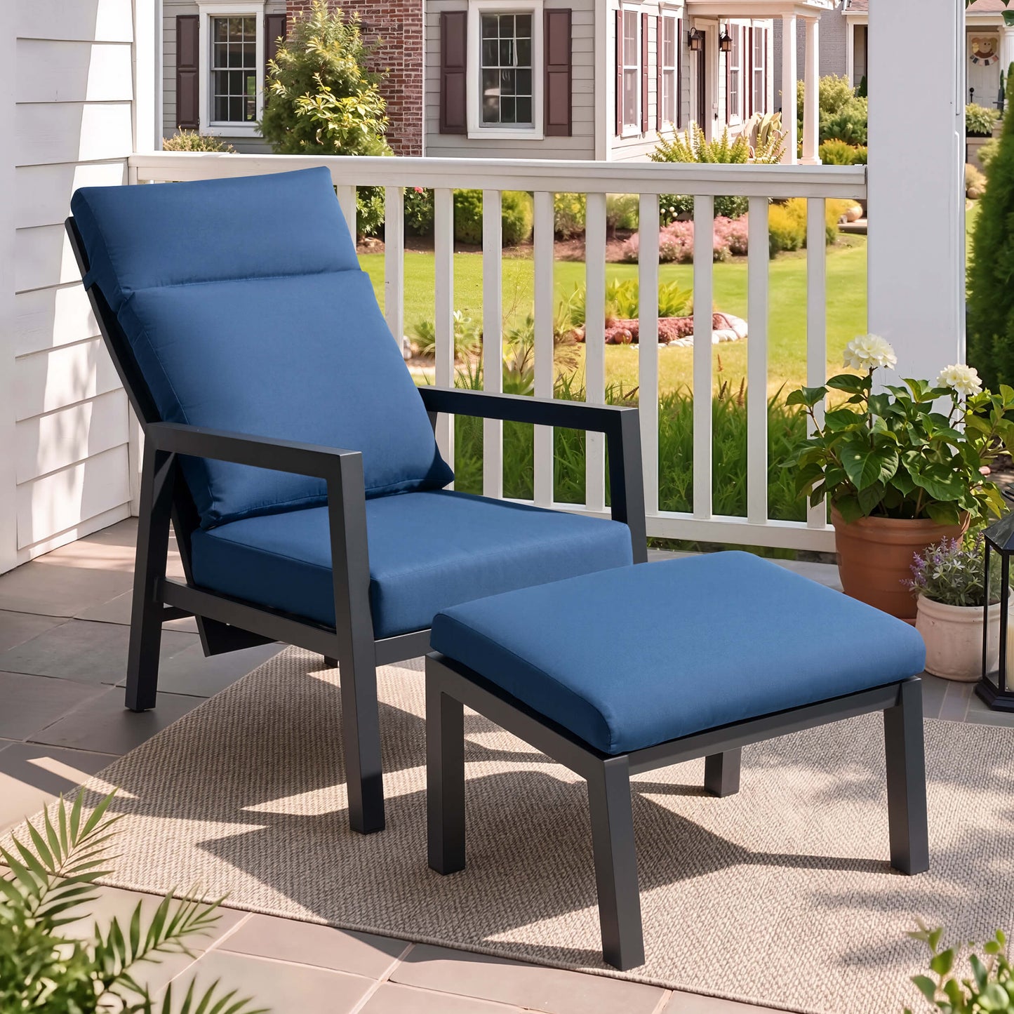 Adjustable Outdoor Reclining Chair with Ottoman & Cushions
