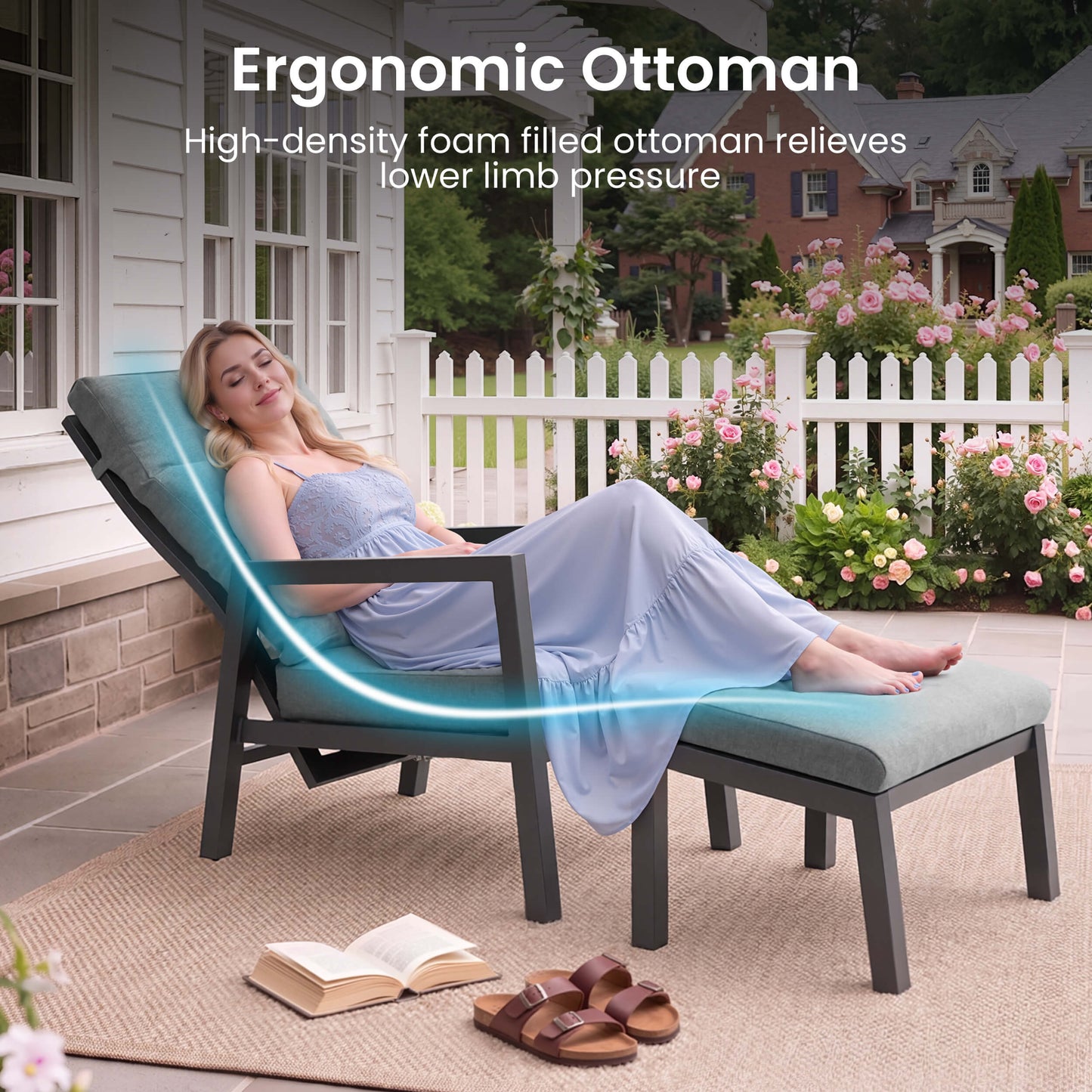 Adjustable Outdoor Reclining Chair with Ottoman & Cushions