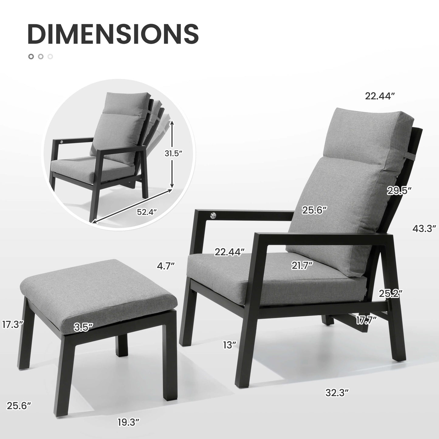 Adjustable Outdoor Reclining Chair with Ottoman & Cushions