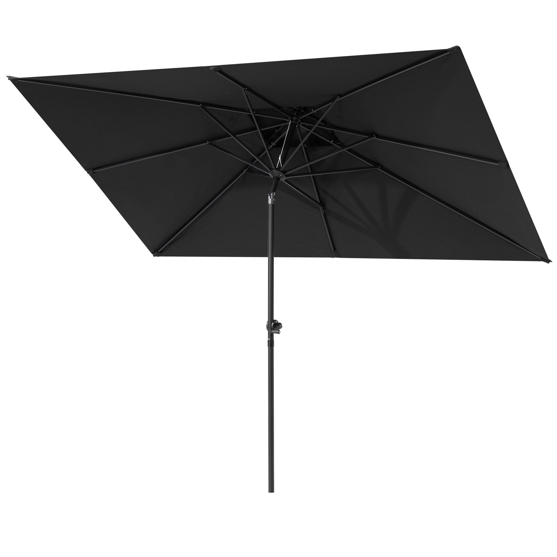 10x7 ft black aluminum rectangular market umbrella with tilt framework and 8 sturdy ribs, under canopy view.