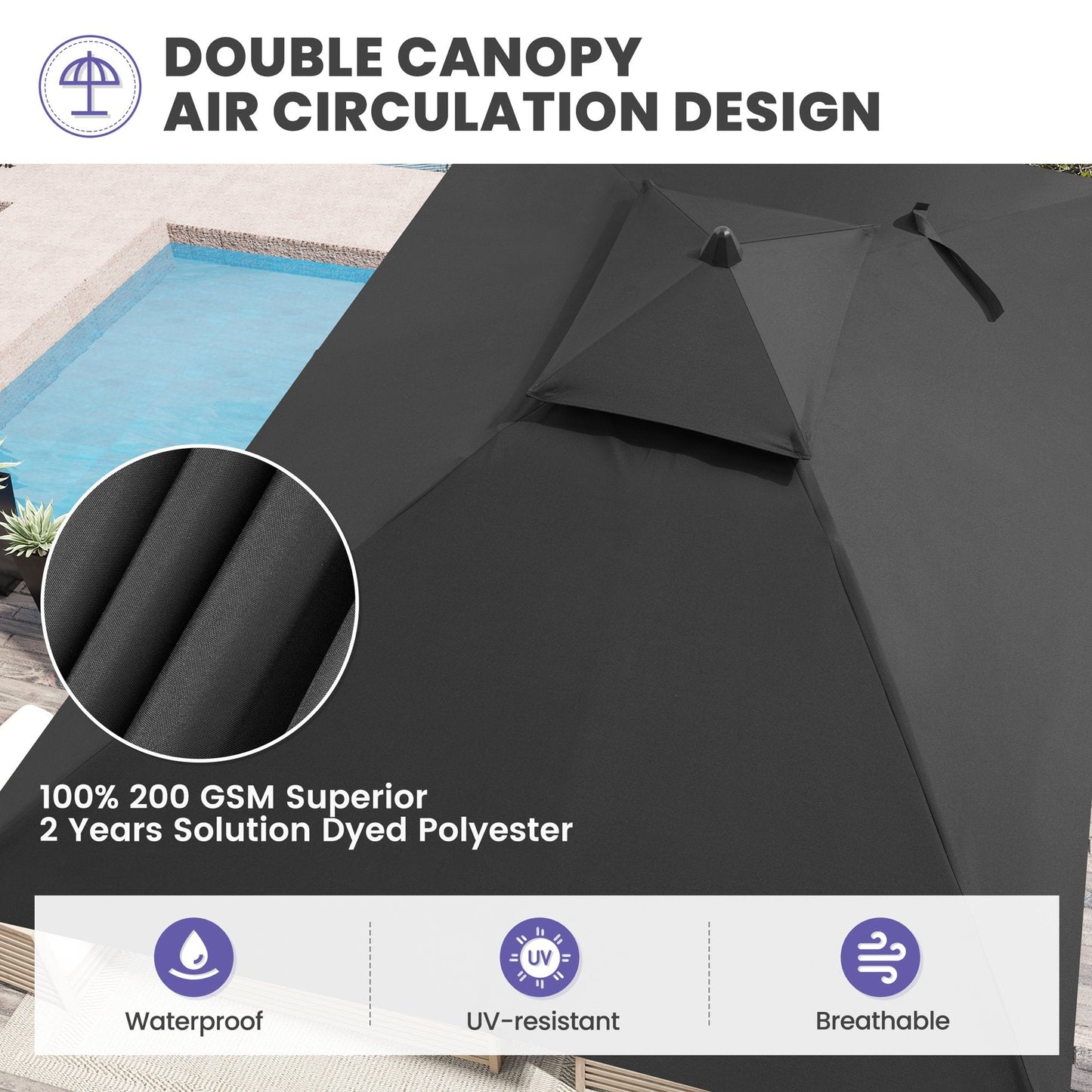 10x7 ft black market umbrella with double top canopy air circulation design and solution-dyed polyester fabric.
