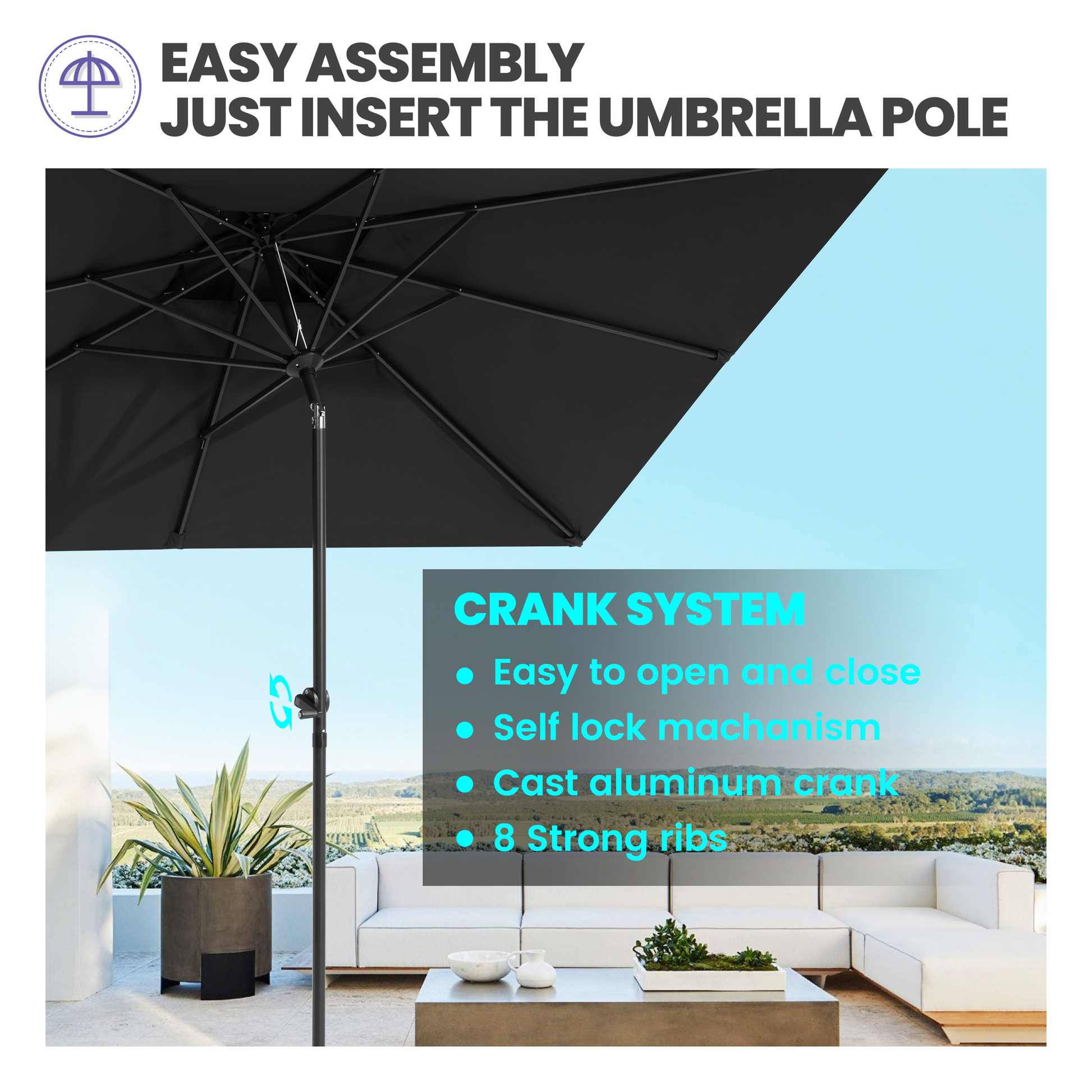 10x7 ft black aluminum market umbrella frame showing easy assembly and crank lift system with 8 strong ribs.