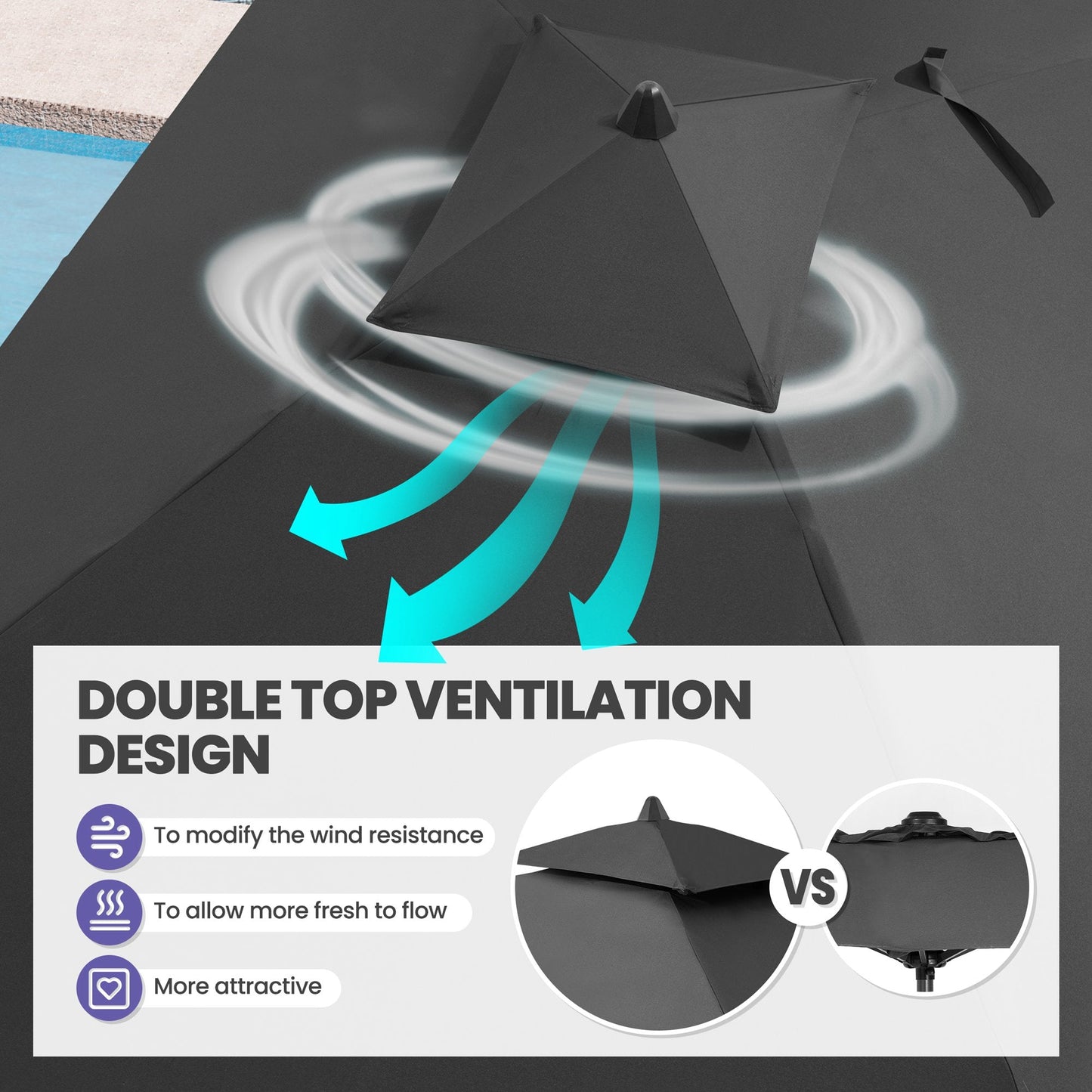 10x7 ft black market umbrella showing double top ventilation design for wind resistance.