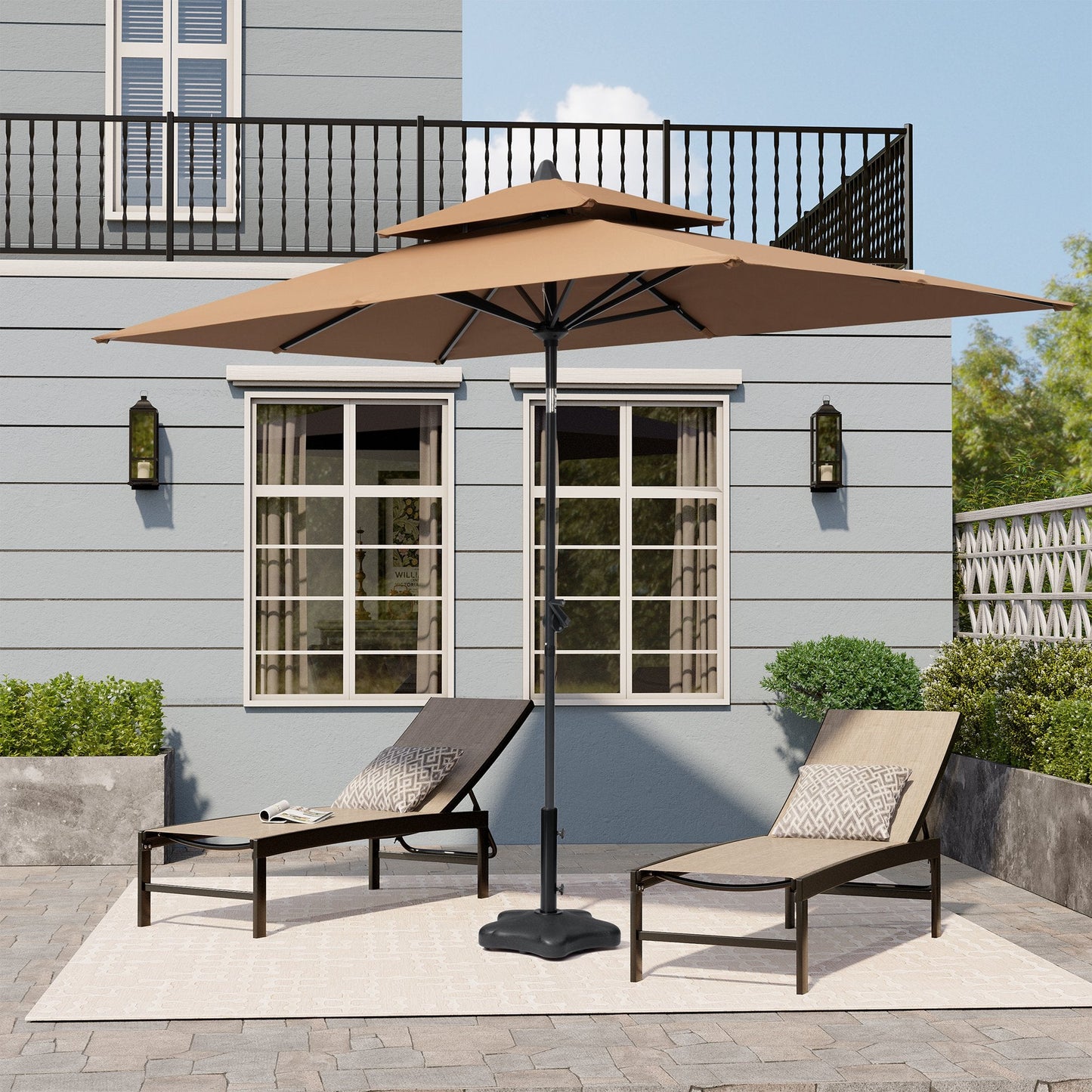 10x7 ft brown aluminum rectangular market umbrella with double top shading two patio lounge chairs.