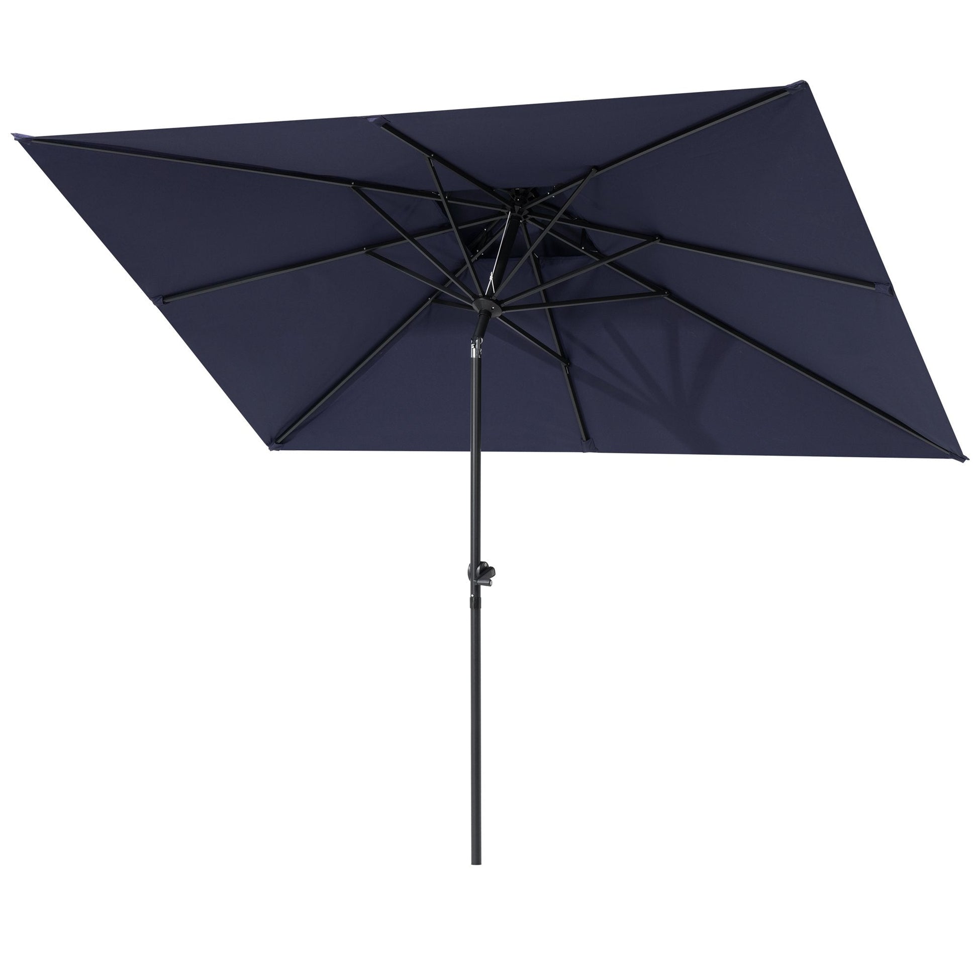 10x7 ft navy aluminum rectangular market umbrella with tilt framework and 8 sturdy ribs, under canopy view.