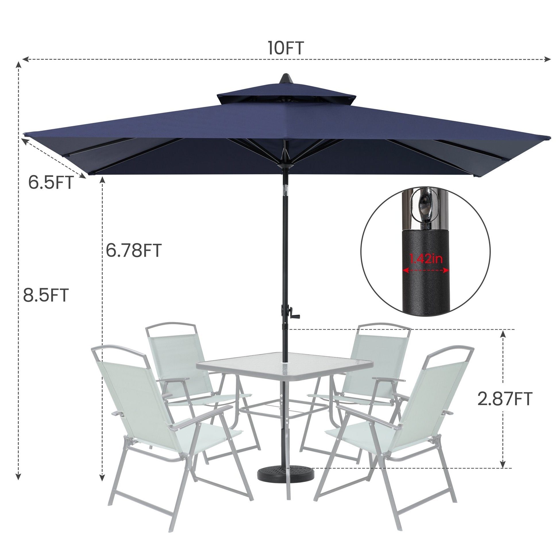 Size details of 10x7 ft navy aluminum rectangular market umbrella with double top, 8.5ft high for patio table set.