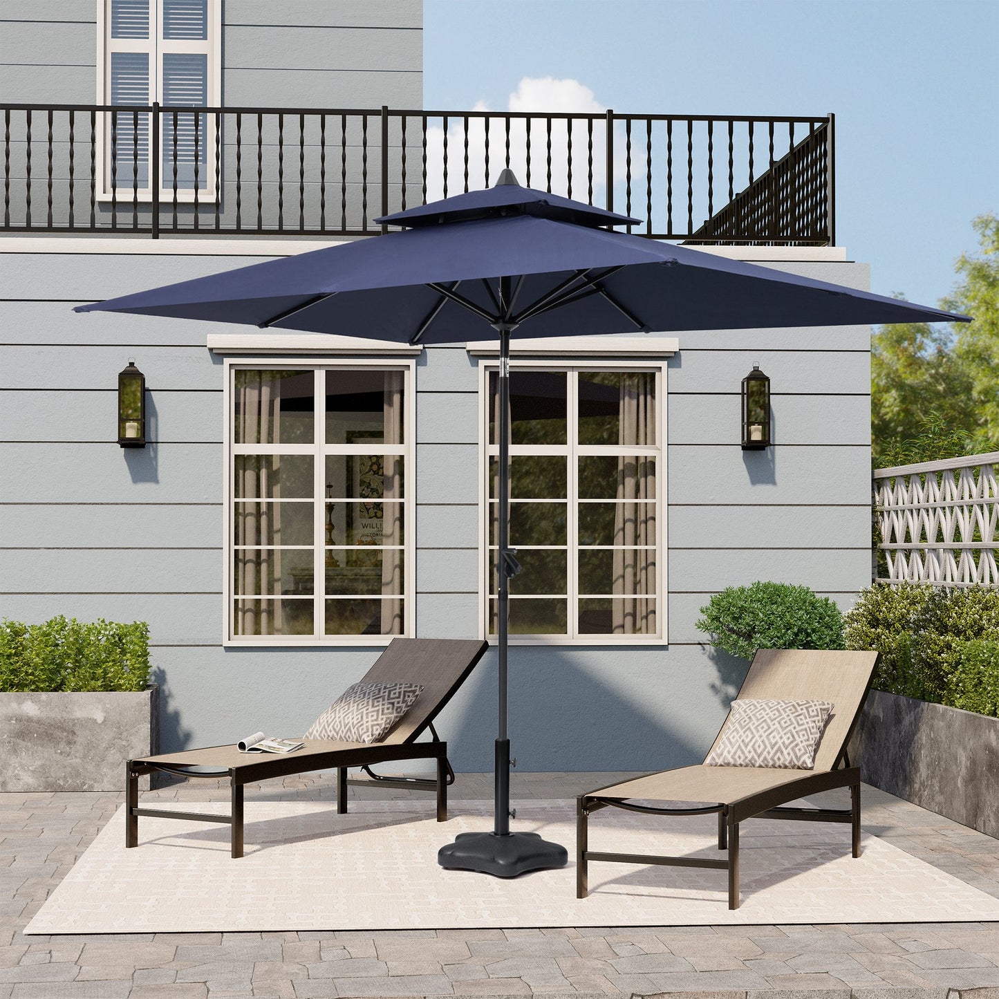10x7 ft navy aluminum rectangular market umbrella with double top shading two patio lounge chairs.