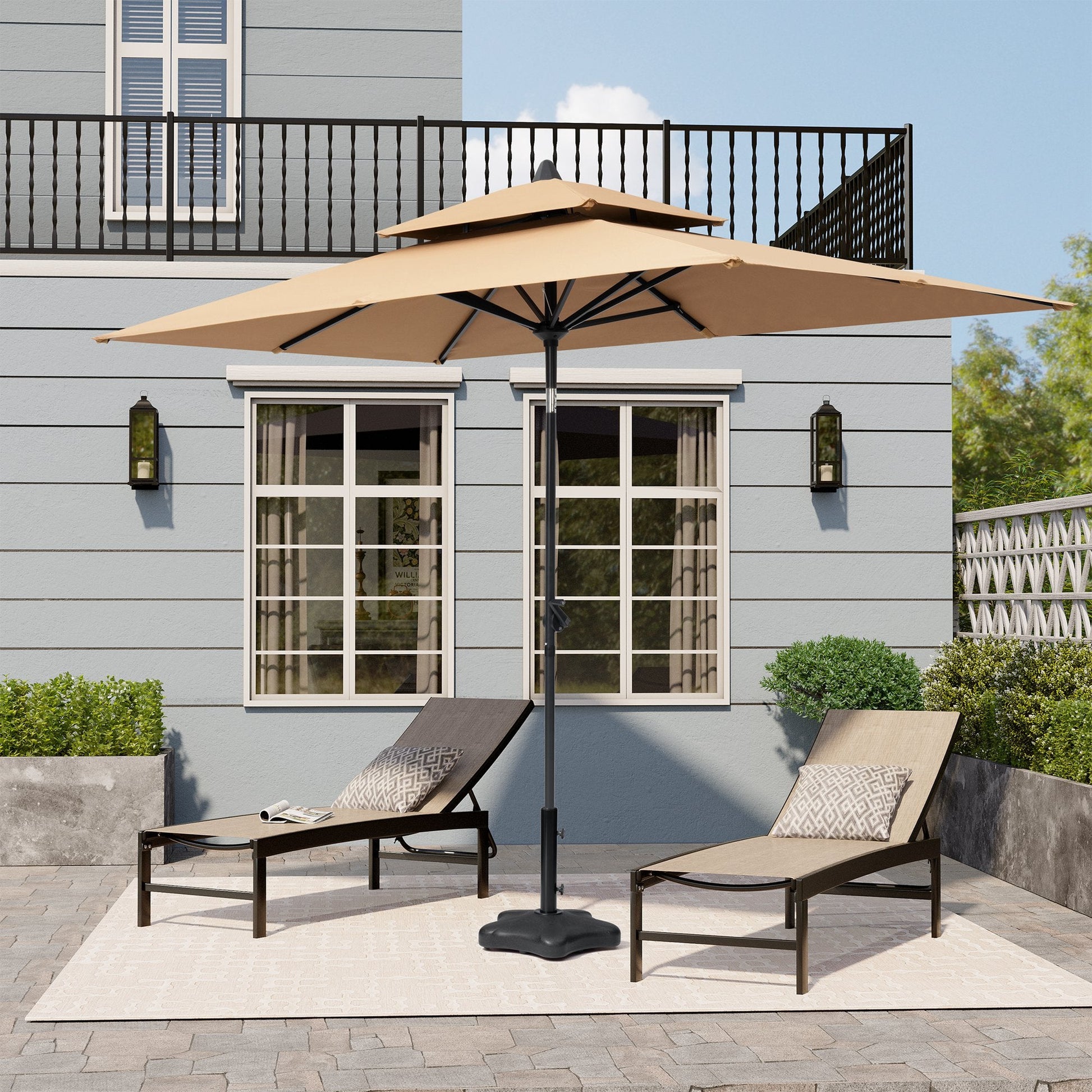 10x7 ft tan aluminum rectangular market umbrella with double top shading two patio lounge chairs.