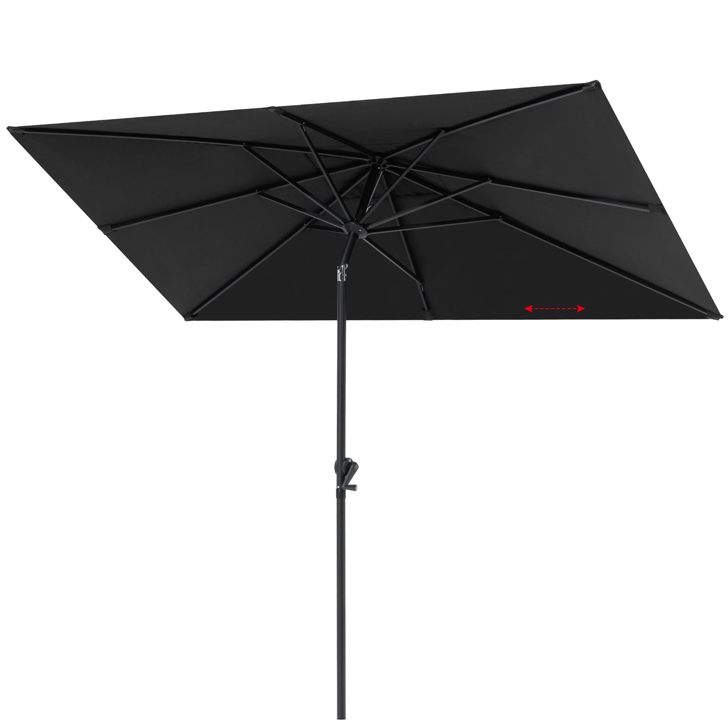 9x5 ft black aluminum rectangular market umbrella with 8 sturdy ribs, frame details and under canopy view.