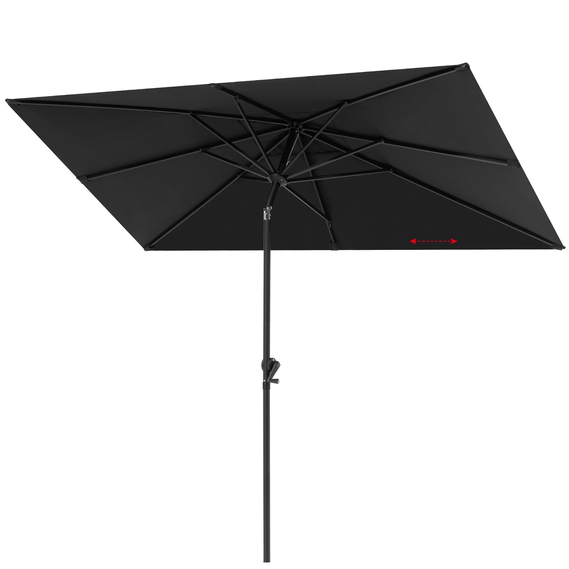 9x5 ft black aluminum rectangular market umbrella with 8 sturdy ribs, frame details and under canopy view.