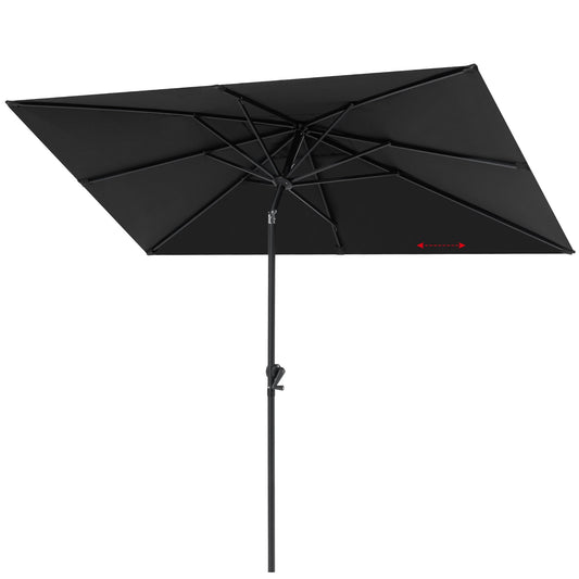 9x5 ft black aluminum rectangular market umbrella with 8 sturdy ribs, frame details and under canopy view.