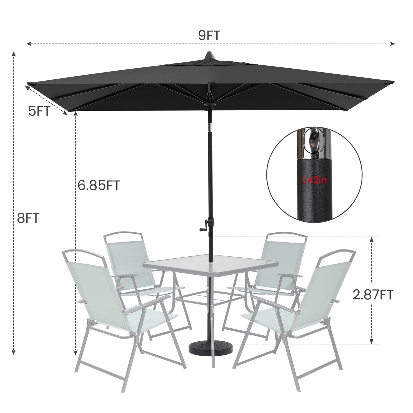 Size details of 9x5 ft black aluminum rectangular market umbrella, 8ft high for patio table set with 1.42in pole.