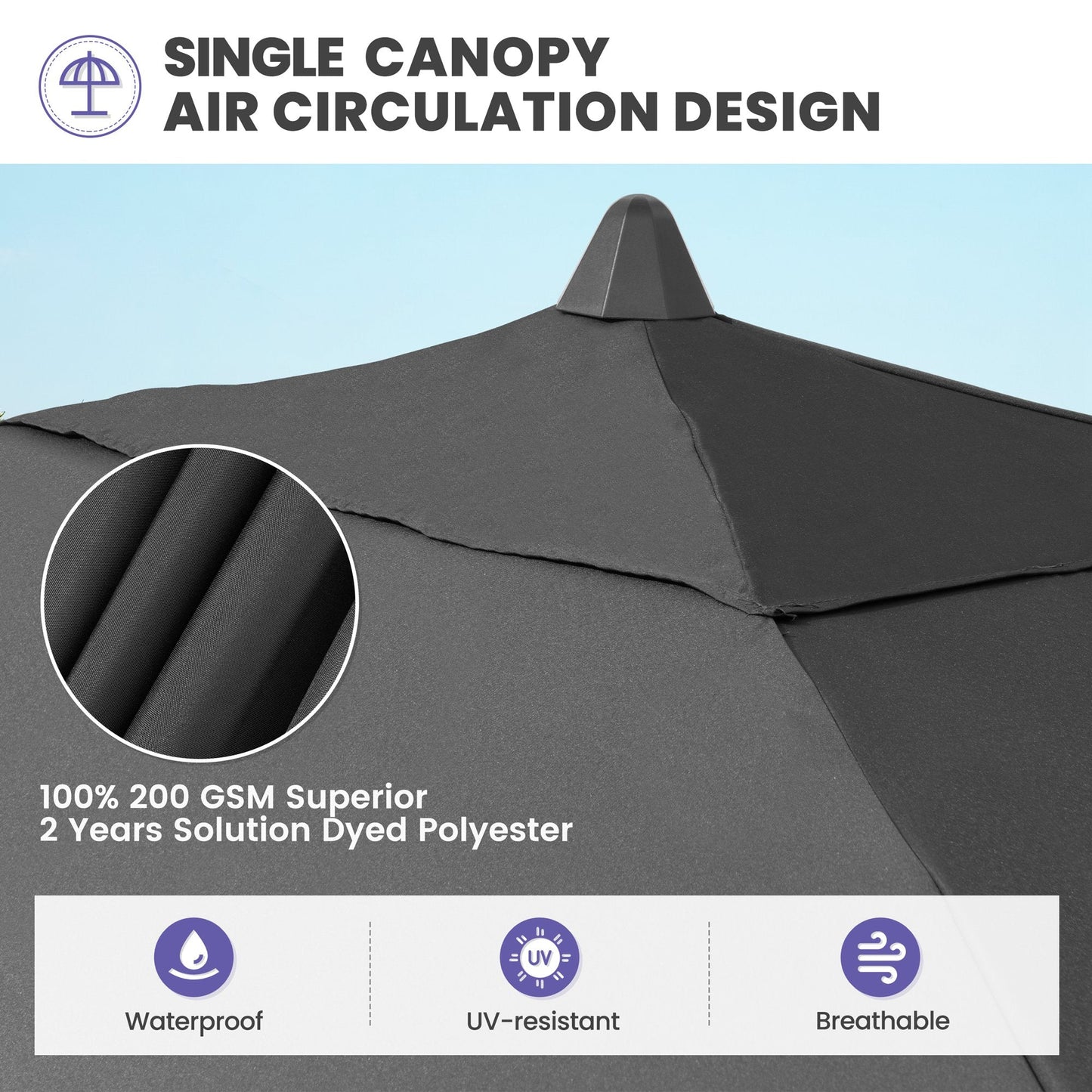 9x5 ft black market umbrella with single canopy air circulation design and solution-dyed polyester fabric.