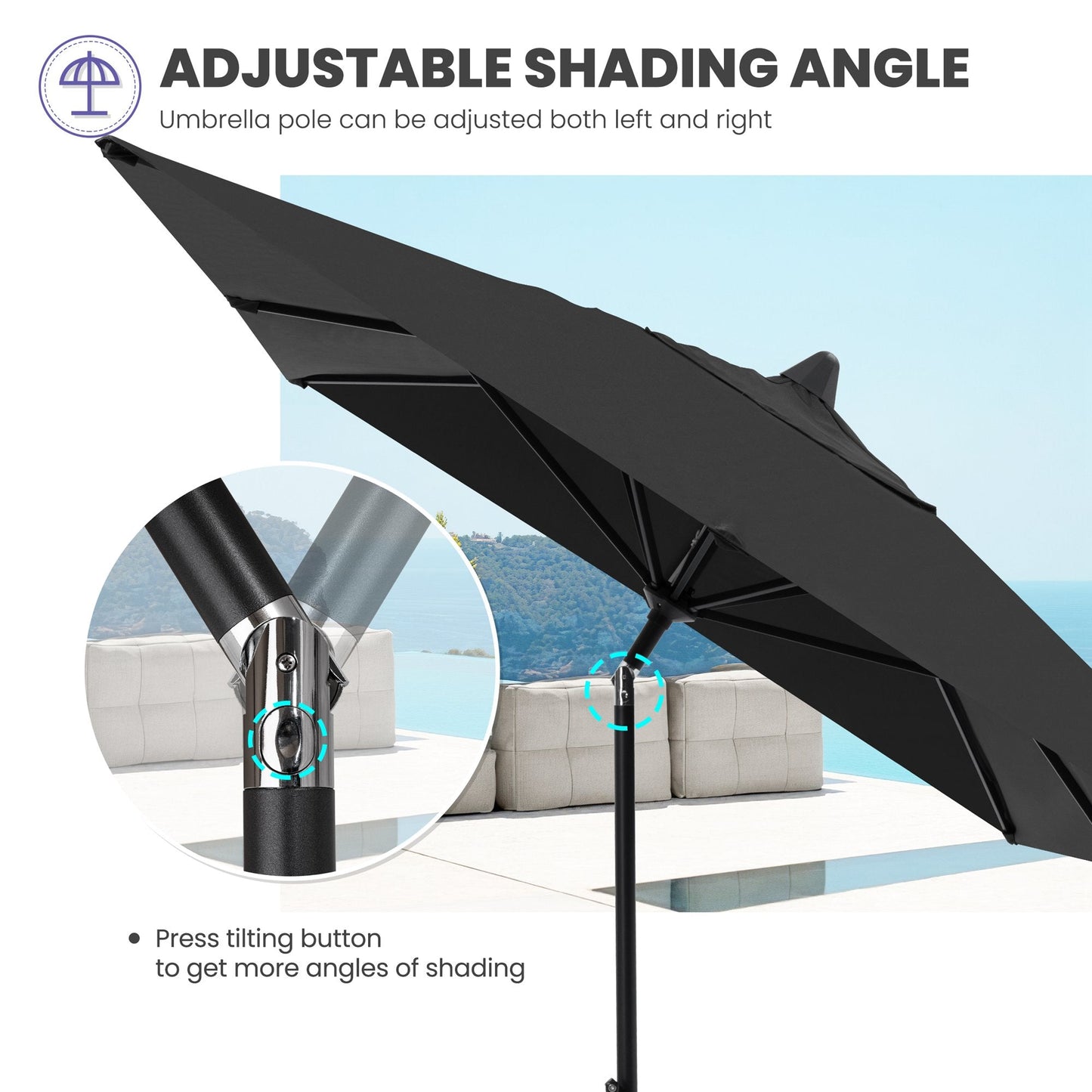 Black market umbrella with adjustable shading angle, push-button tilt for patio. Close-up of tilting mechanism.