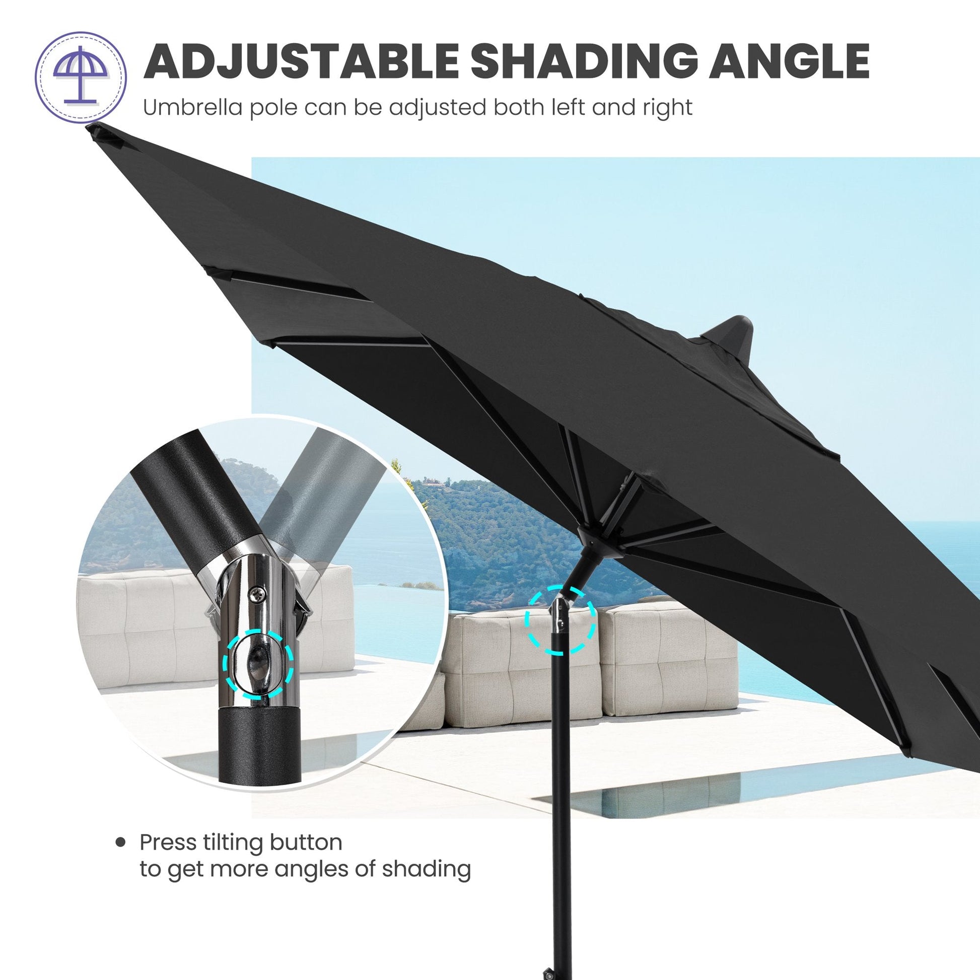 Black market umbrella with adjustable shading angle, push-button tilt for patio. Close-up of tilting mechanism.