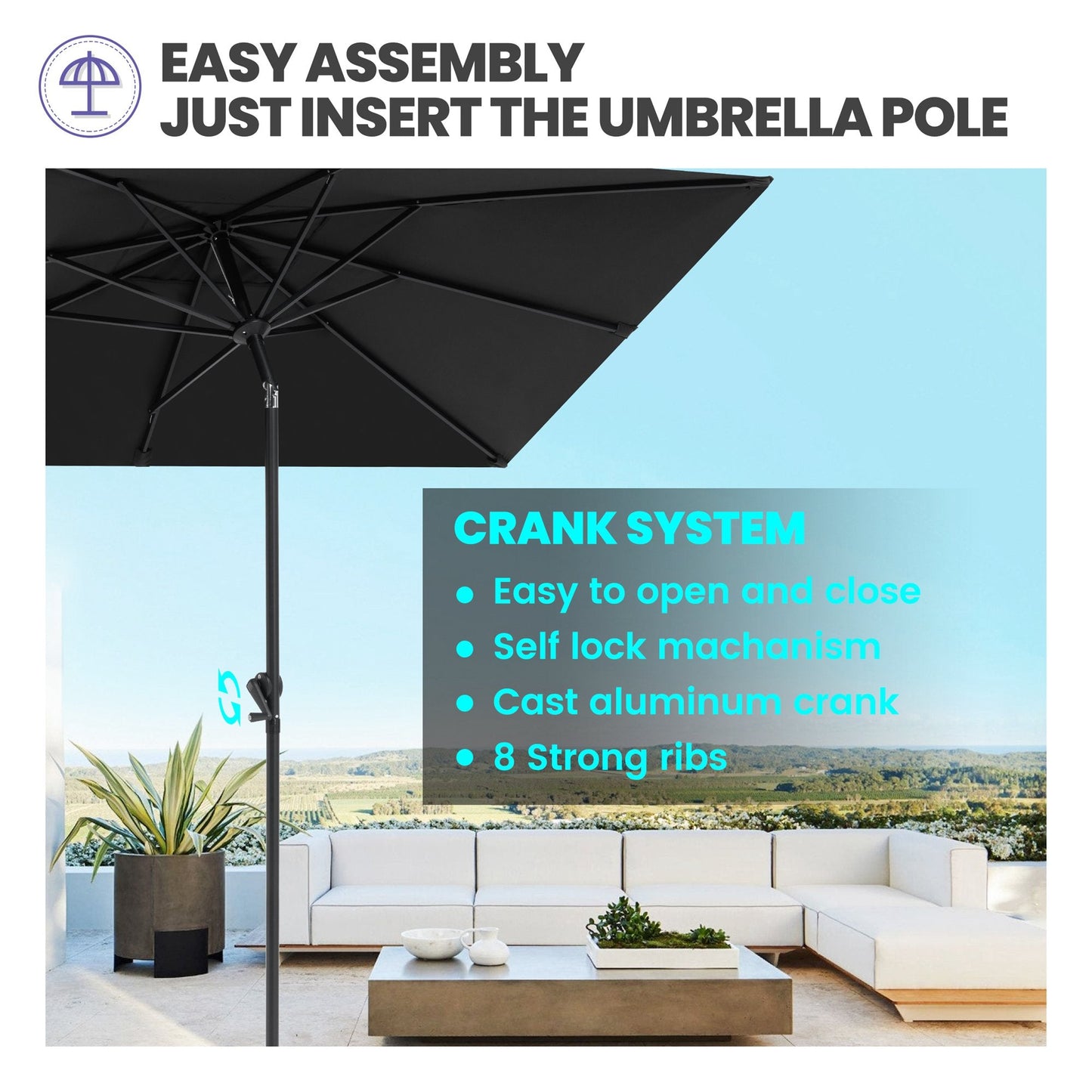9x5 ft black aluminum market umbrella frame showing easy assembly and crank lift system with 8 strong ribs.