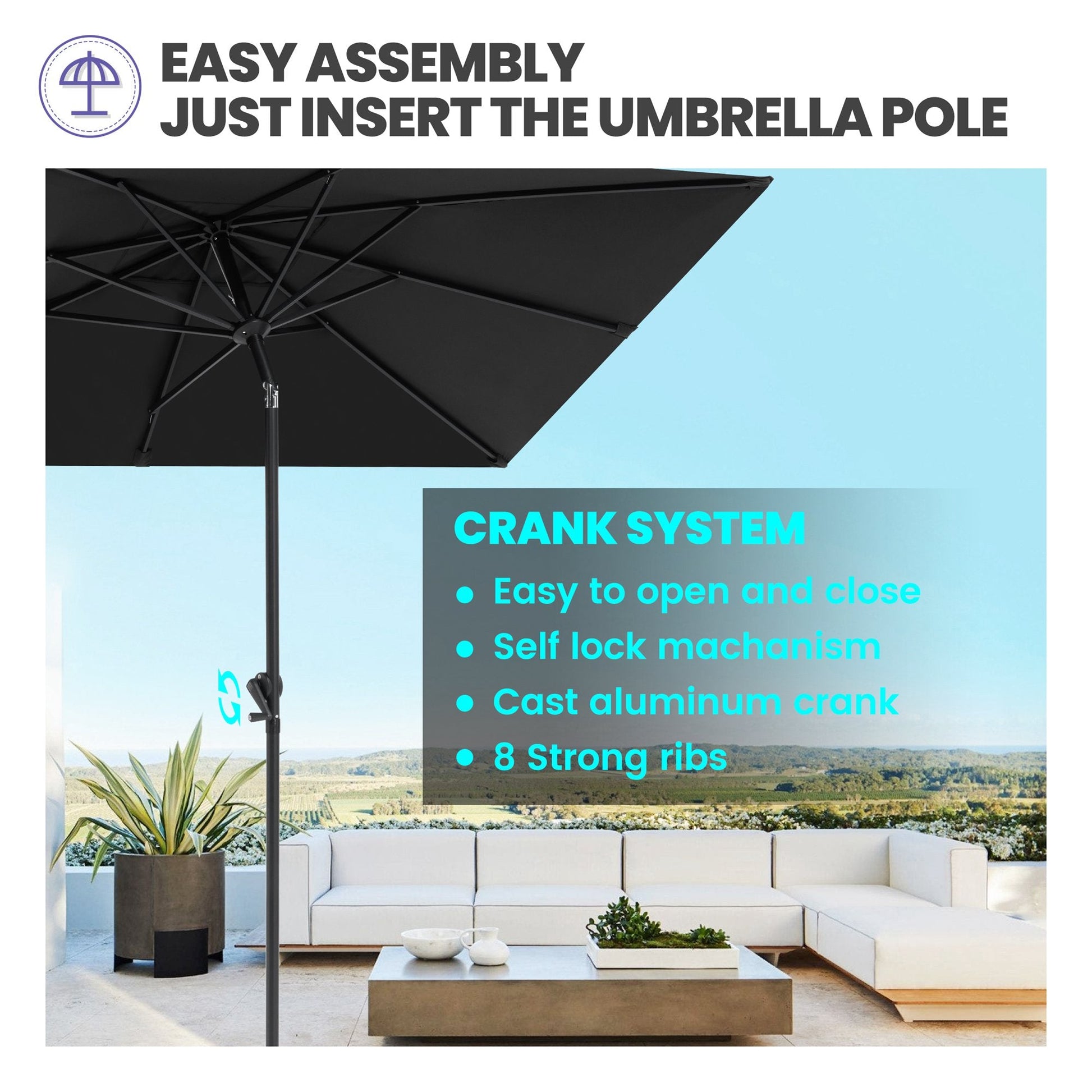 9x5 ft black aluminum market umbrella frame showing easy assembly and crank lift system with 8 strong ribs.