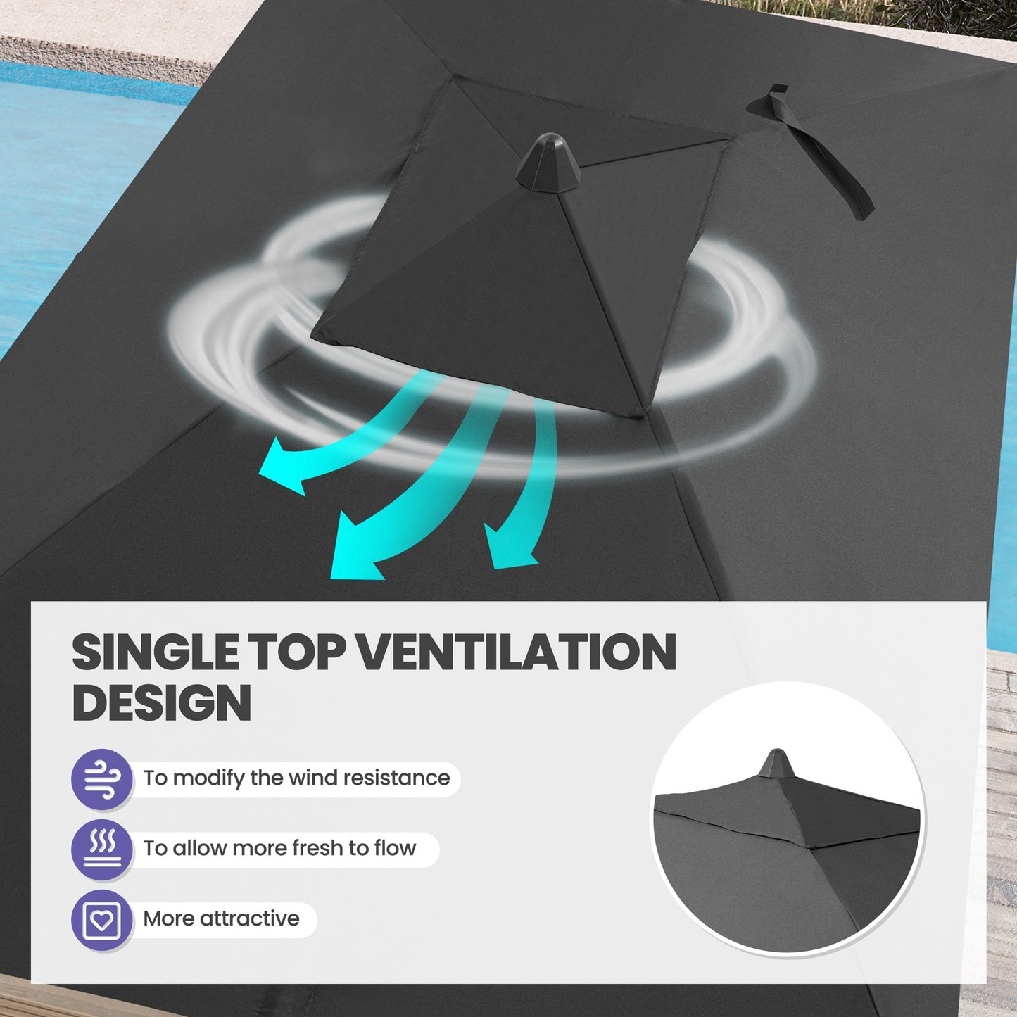 9x5 ft black market umbrella showing single top ventilation design for wind resistance.