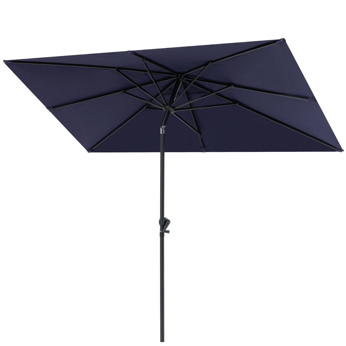 9x5 ft navy aluminum rectangular market umbrella with 8 sturdy ribs, frame details and under canopy view.