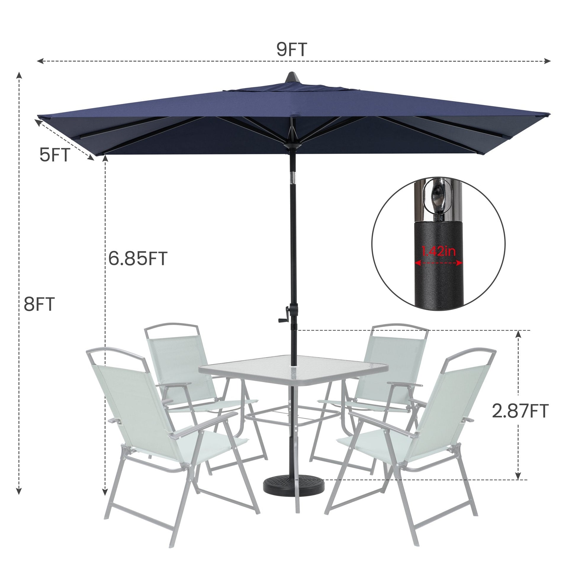 Size details of 9x5 ft navy aluminum rectangular market umbrella, 8ft high for patio table set with 1.42in pole.