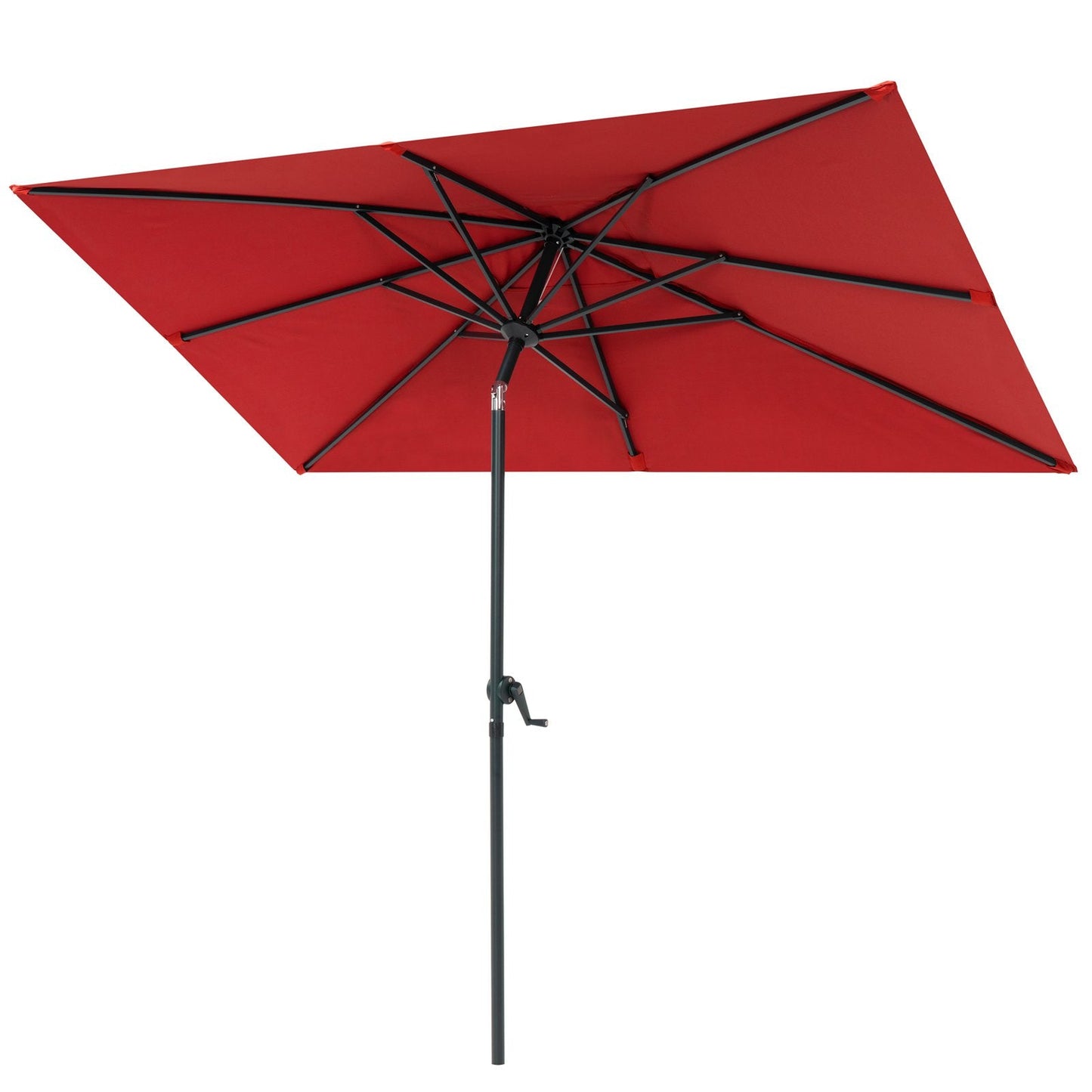 9x5 ft red aluminum rectangular market umbrella with 8 sturdy ribs, frame details and under canopy view.