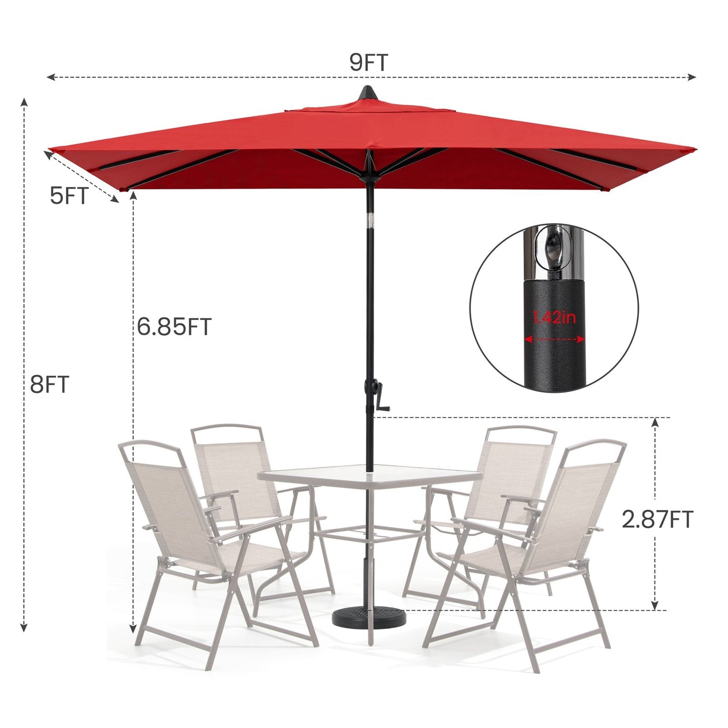 Size details of 9x5 ft red aluminum rectangular market umbrella, 8ft high for patio table set with 1.42in pole.
