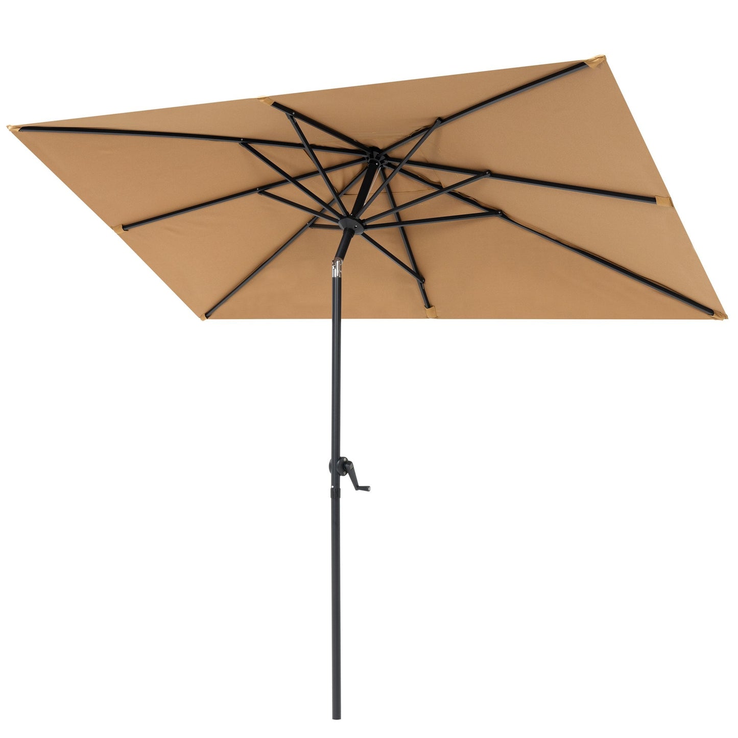 9x5 ft tan aluminum rectangular market umbrella with 8 sturdy ribs, frame details and under canopy view.