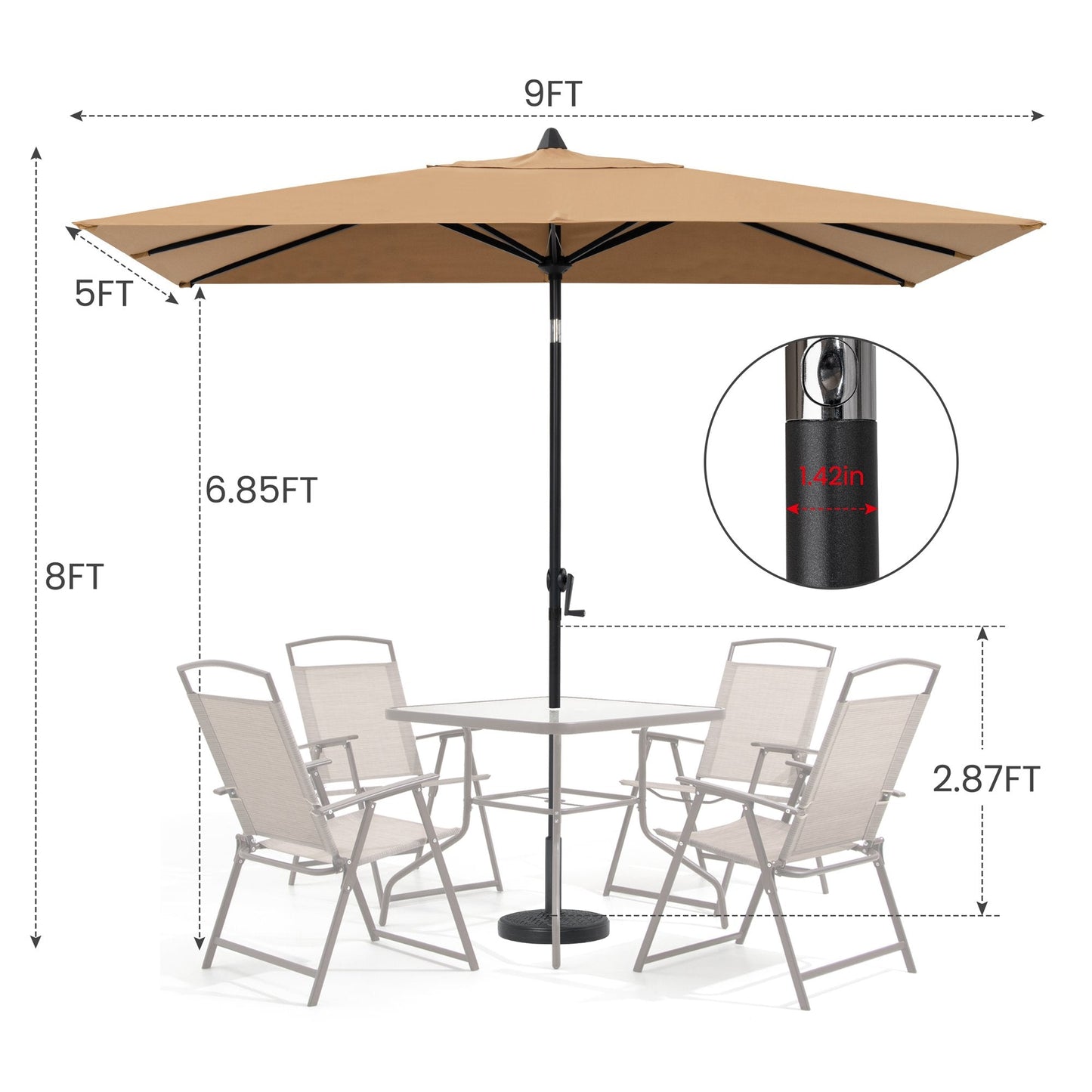 Size details of 9x5 ft tan aluminum rectangular market umbrella, 8ft high for patio table set with 1.42in pole.