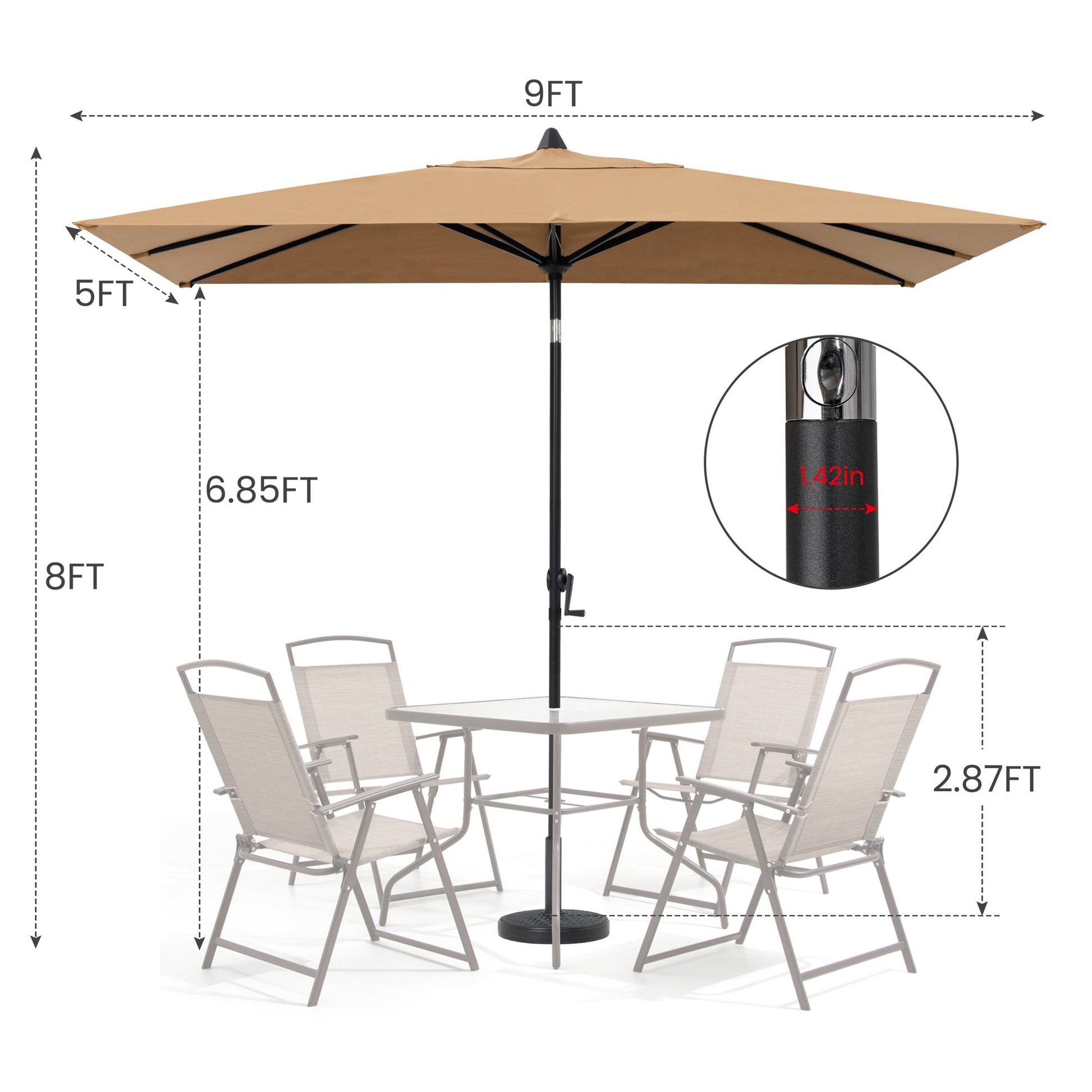 Size details of 9x5 ft tan aluminum rectangular market umbrella, 8ft high for patio table set with 1.42in pole.