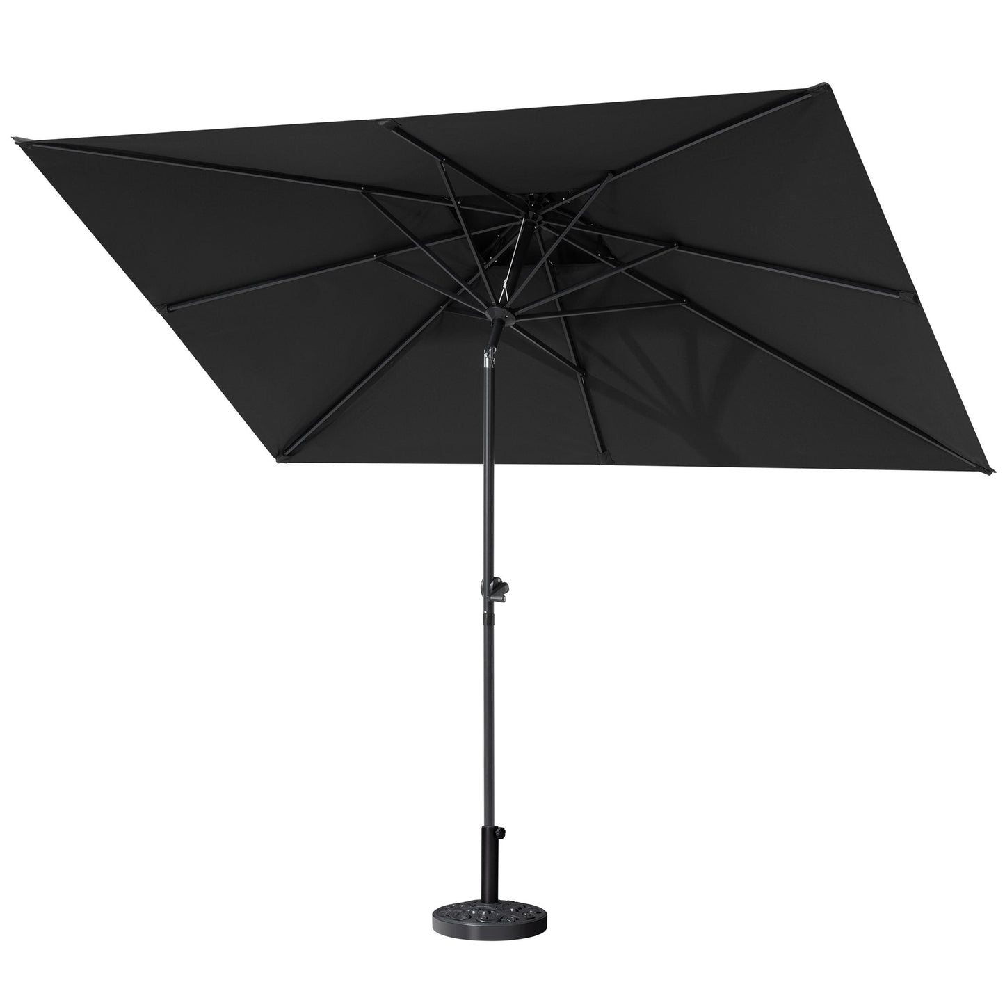 9x5 ft black aluminum market umbrella with double top, 8 sturdy ribs, frame details and under canopy view.