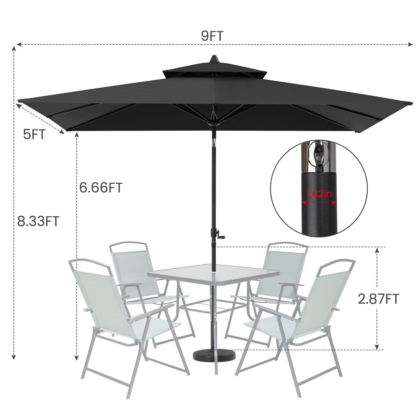 Size details of 9x5 ft black aluminum market umbrella, 8.33ft high with double top for patio set with 1.42in pole.
