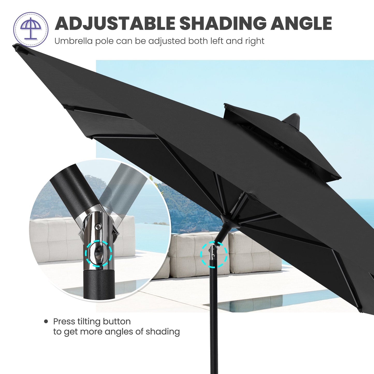 9x5 ft black rectangular market umbrella with double top and adjustable shading angle, push-button tilt mechanism.