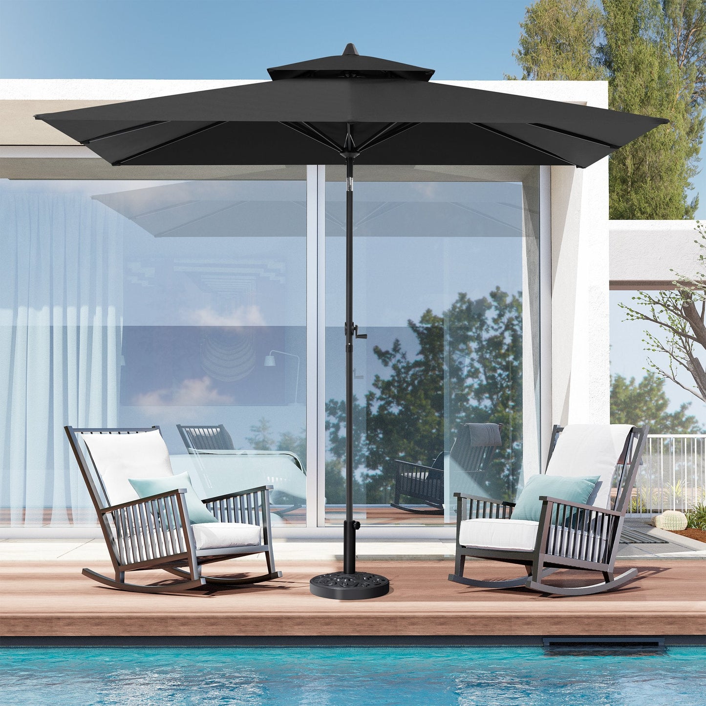 9x5 ft black aluminum market umbrella with double top shading two patio rocking chairs by a poolside deck.