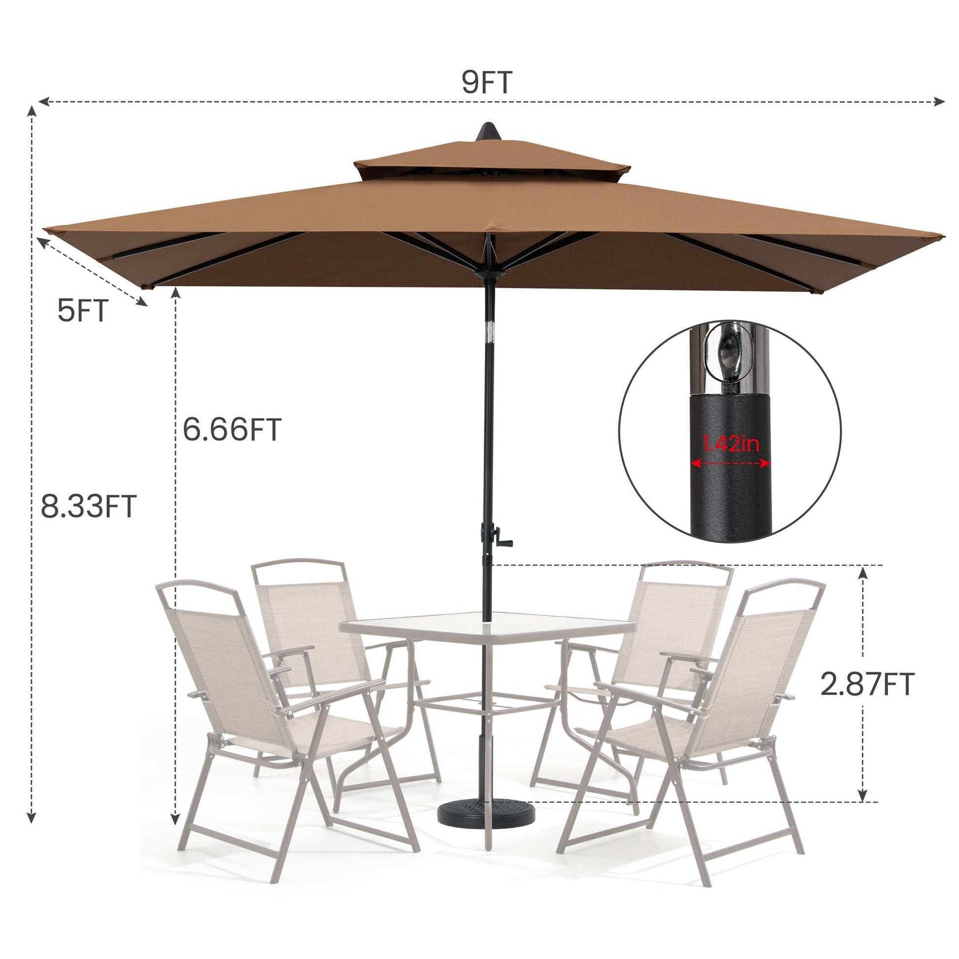Size details of 9x5 ft brown aluminum market umbrella, 8.33ft high with double top for patio set with 1.42in pole.