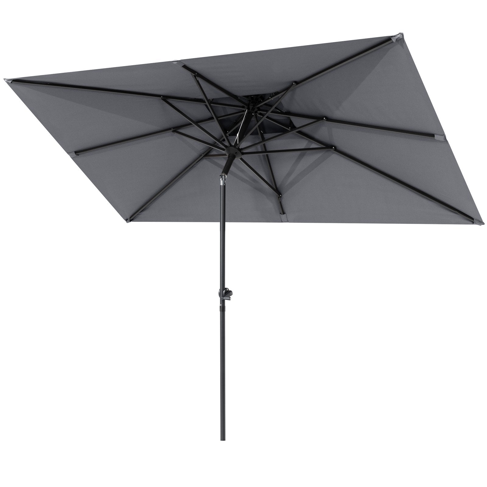 9x5 ft grey aluminum market umbrella with double top, 8 sturdy ribs, frame details and under canopy view.